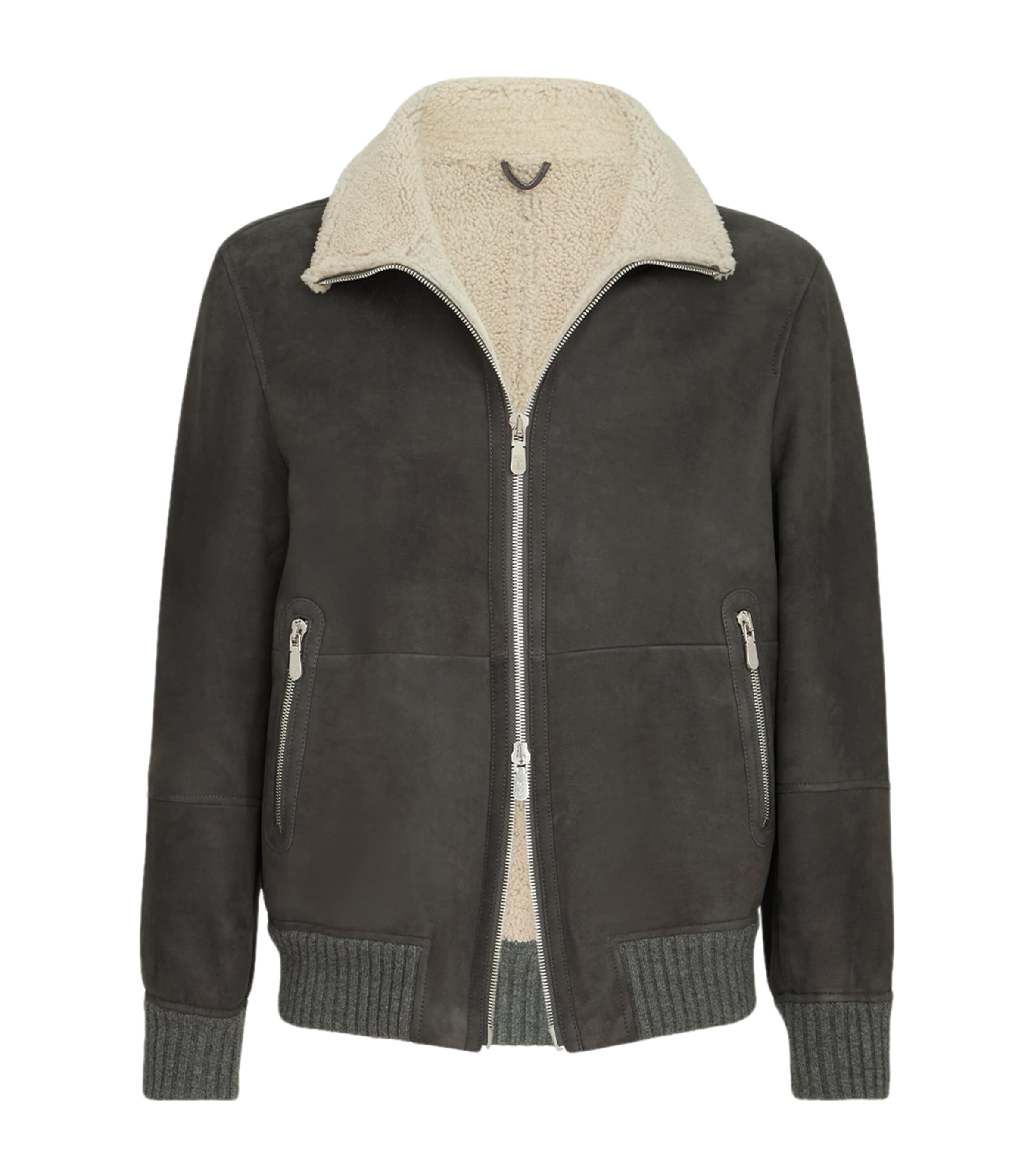 Brunello Cucinelli Mens Suede-Shearling Bomber Jacket