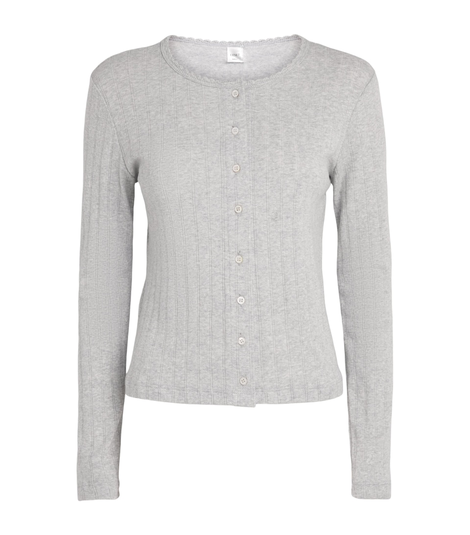 LESET Womens Cotton Pointelle Cardigan Light Grey Melange