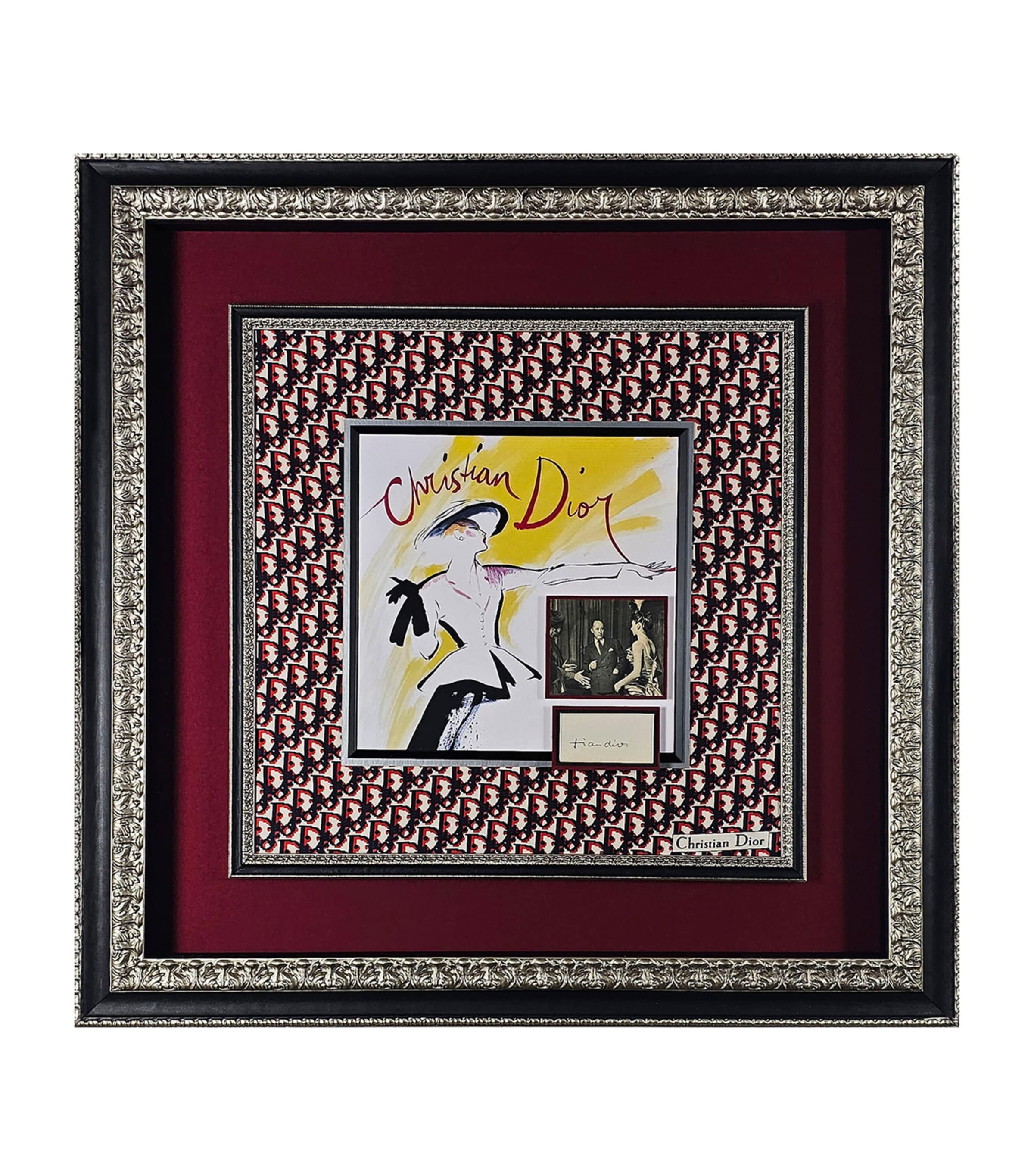 Christian Dior Signed Calling Card with Vintage Dior Scarf Framed Display