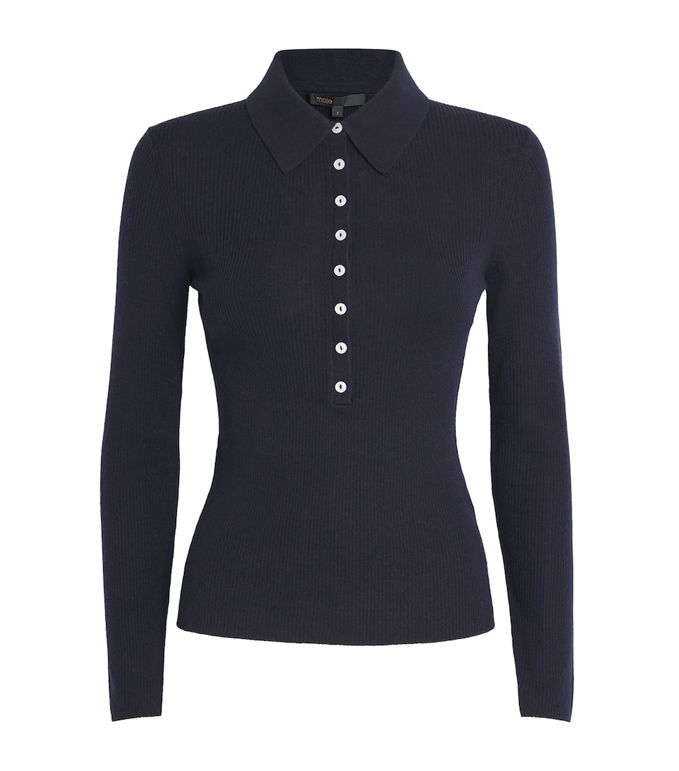 Maje Womens Wool-Silk Polo Sweater Navy