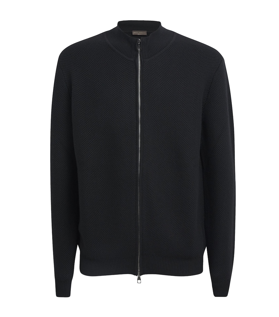 Brett Johnson Mens Virgin Wool Cable-Knit Zip-Up Cardigan Noir