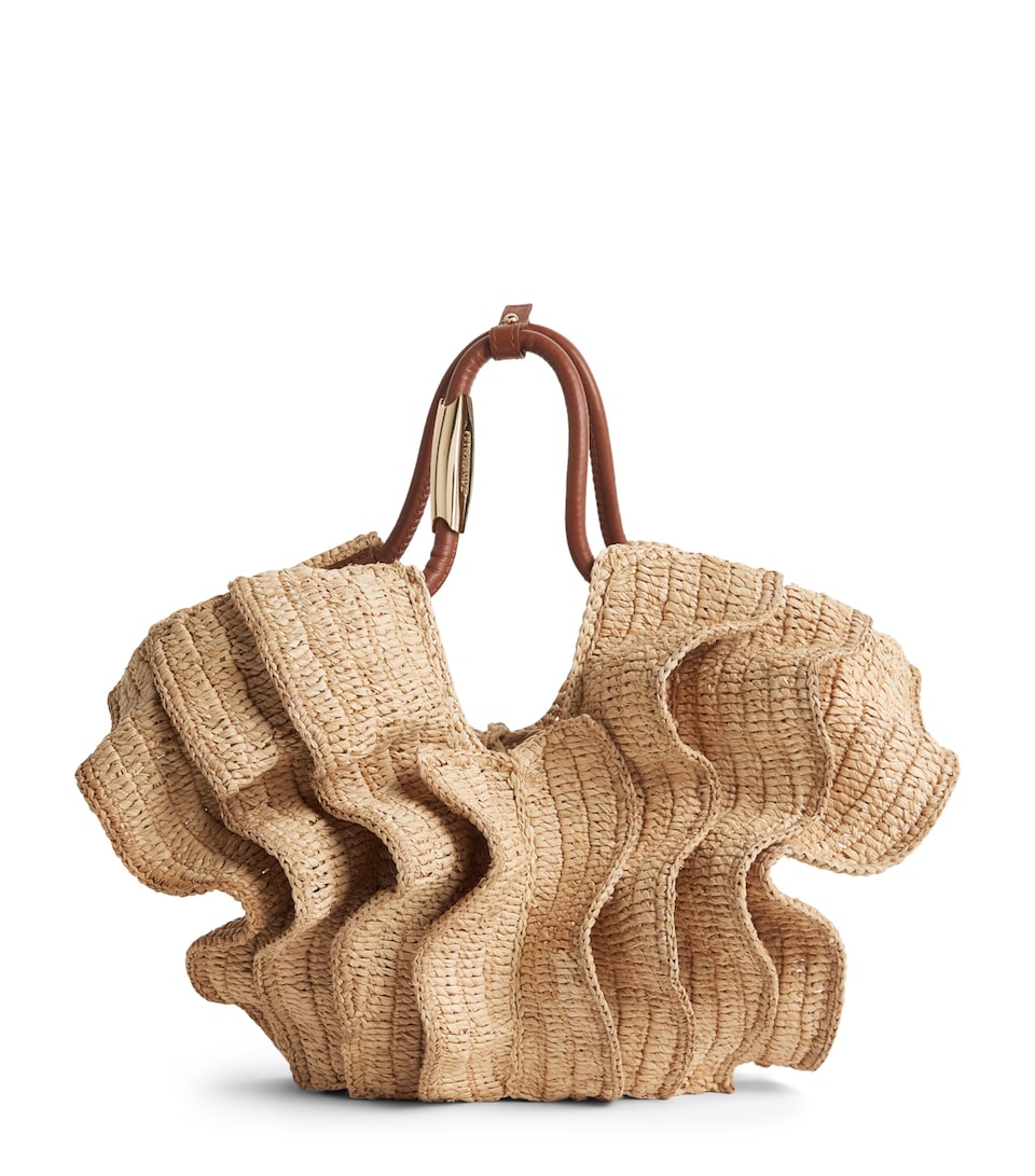 Zimmermann Small Raffia Goldentime Ruffle Tote Bag Natural