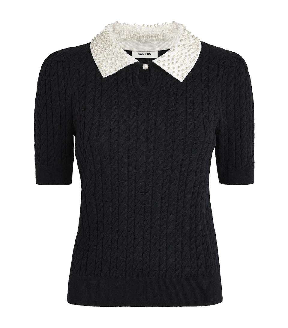 Cotton-Wool-Blend Cable-Knit Pearl-Collar Sweater
