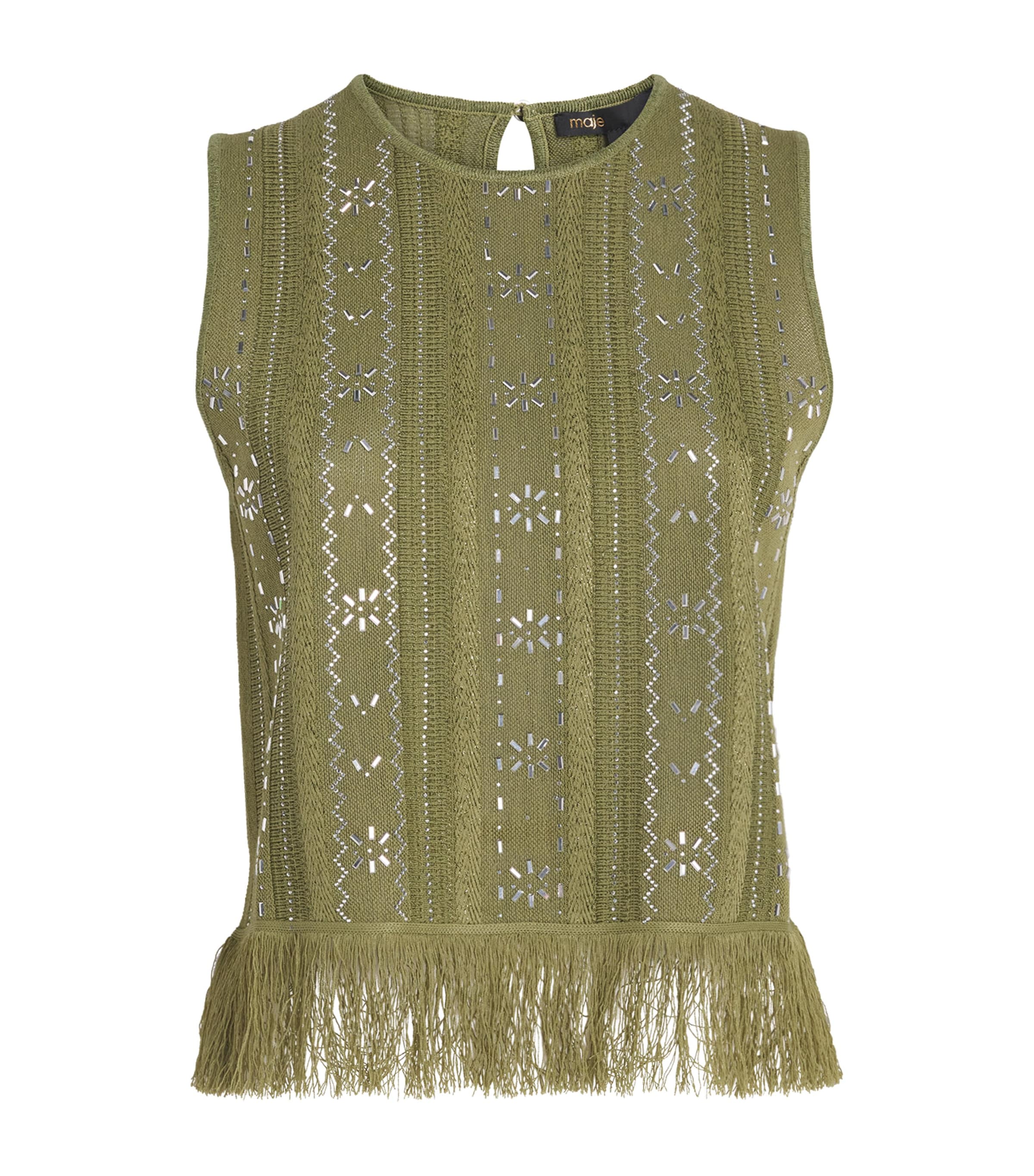 Maje Womens Beaded Fringed Tank Top Khaki