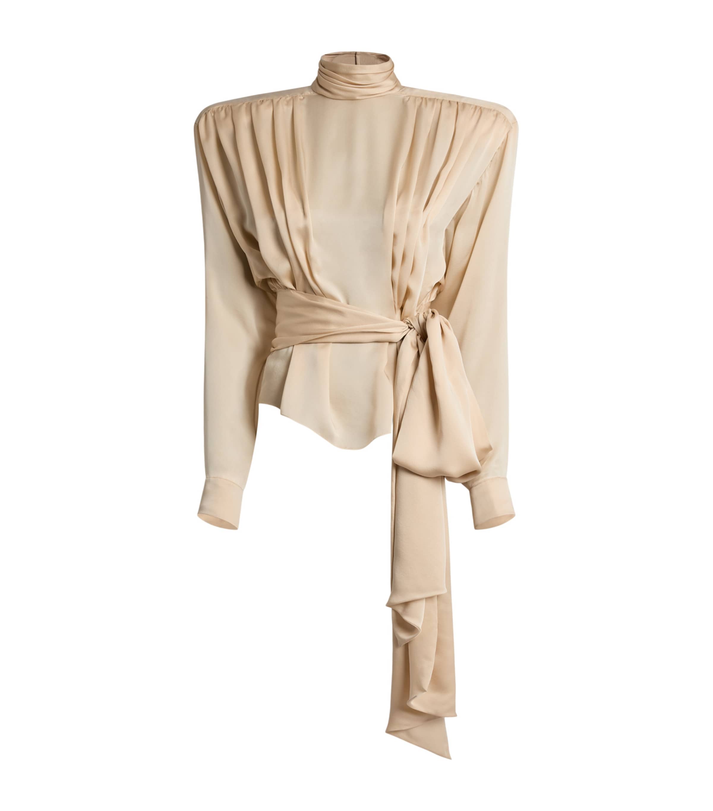 Balmain Womens Silk Charmeuse Gathered Blouse Beige Poudre
