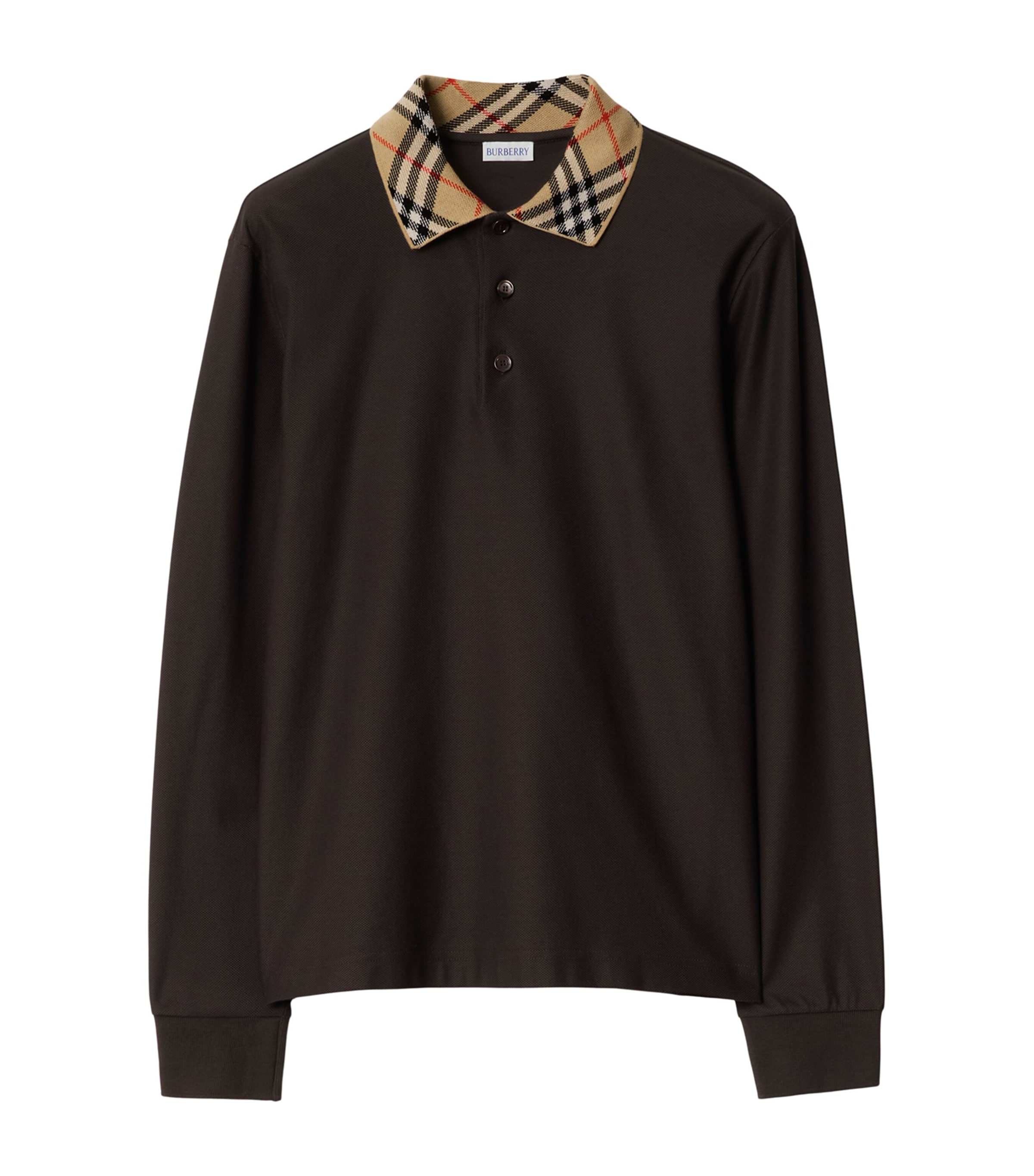 Cotton Check-Collar Long-Sleeve Polo Shirt