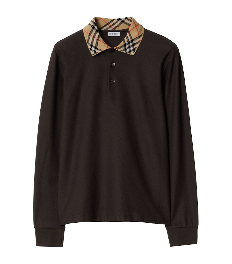 Cotton Check-Collar Long-Sleeve Polo Shirt