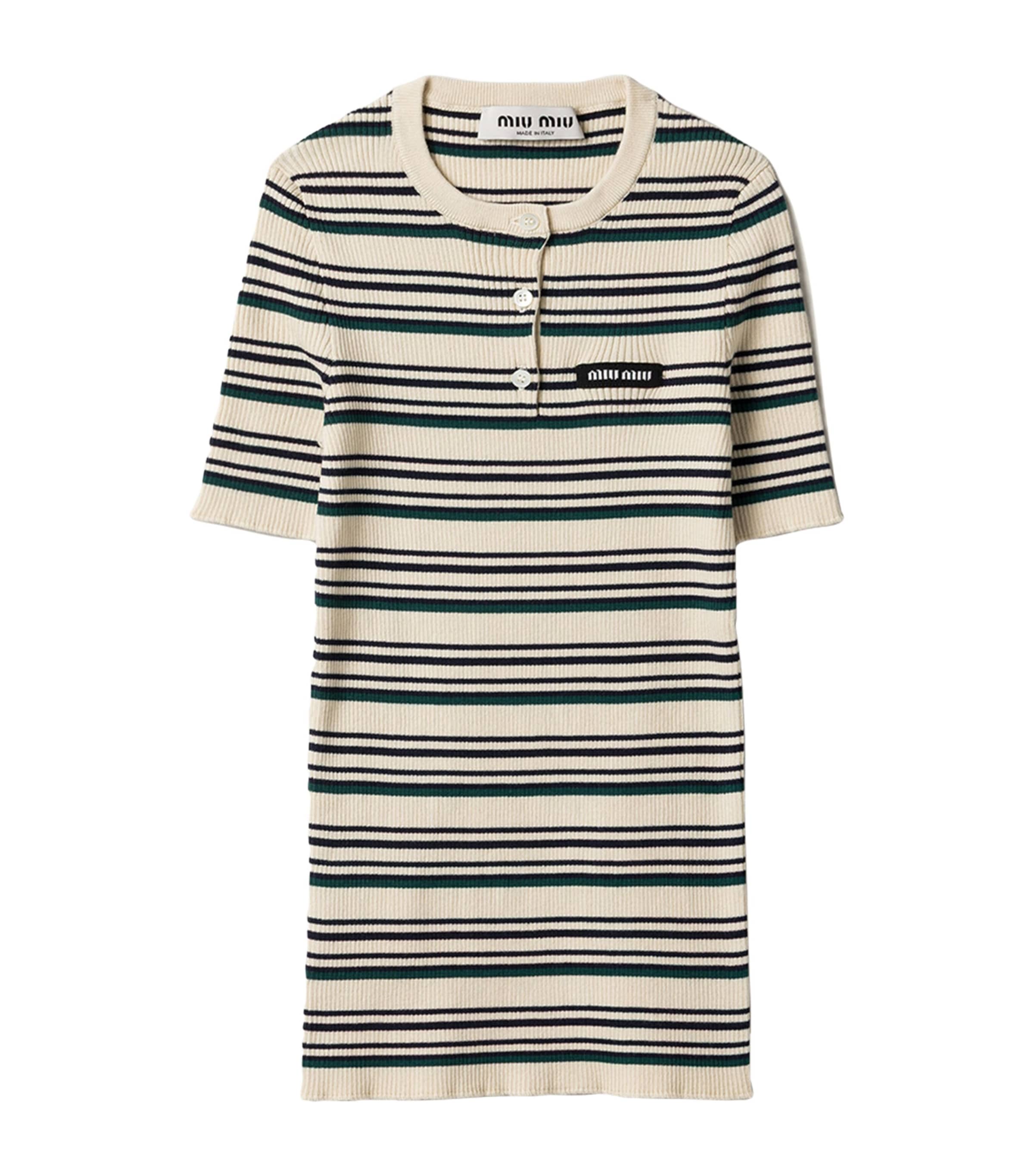 Miu Miu Womens Cotton Stripe Henley Top Neutral