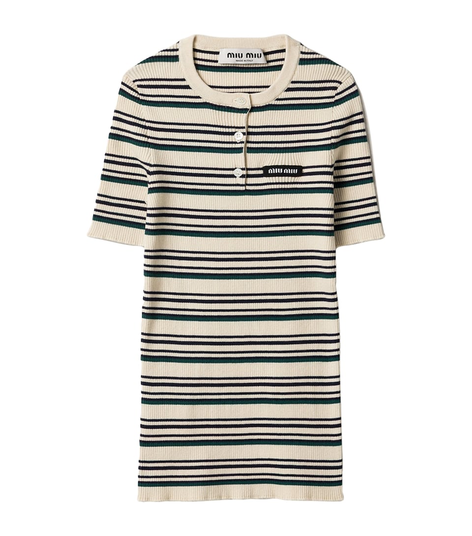 Miu Miu Womens Cotton Stripe Henley Top Neutral