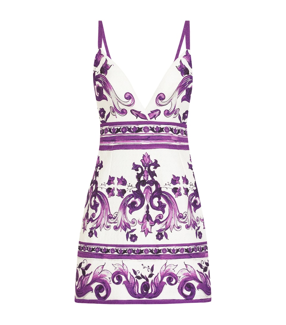 Cotton-Linen-Blend Majolica Print Mini Dress
