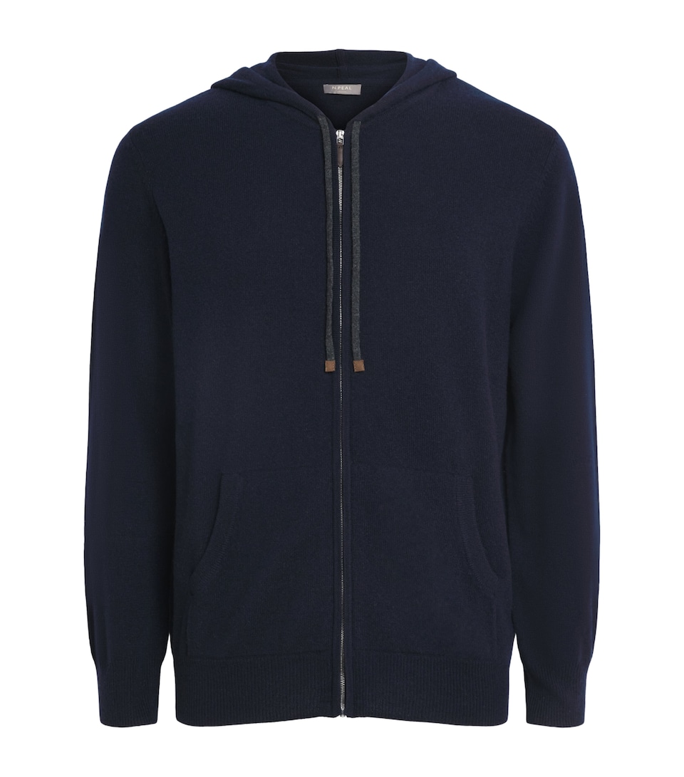 N.Peal Mens Cashmere Ladbroke Zip-Up Hoodie Navy Dark Charcoal