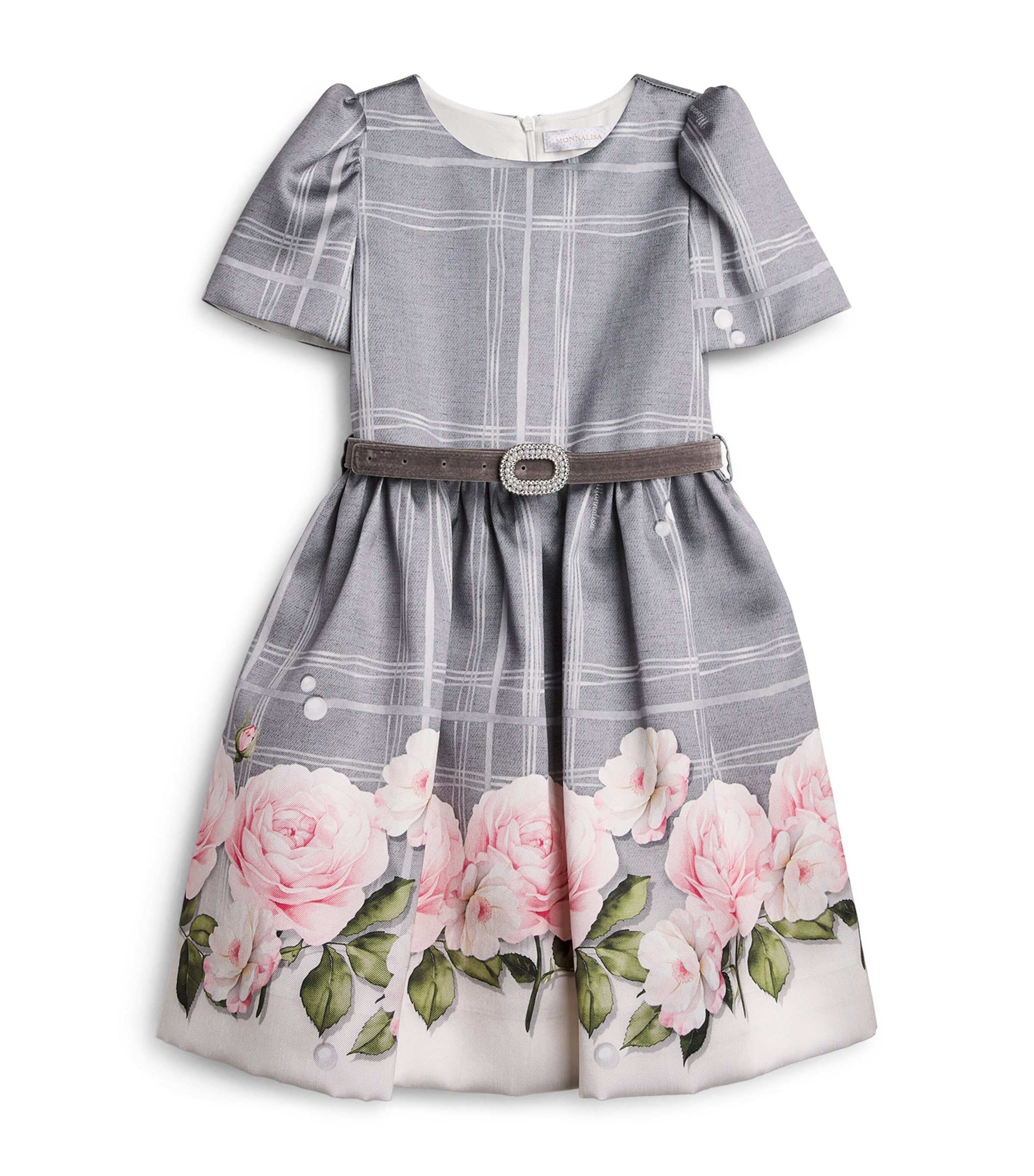 Monnalisa Rose Print Mikado Dress (4-14 Years) Grigio