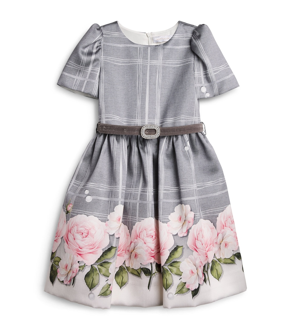 Monnalisa Rose Print Mikado Dress (4-14 Years) Grigio