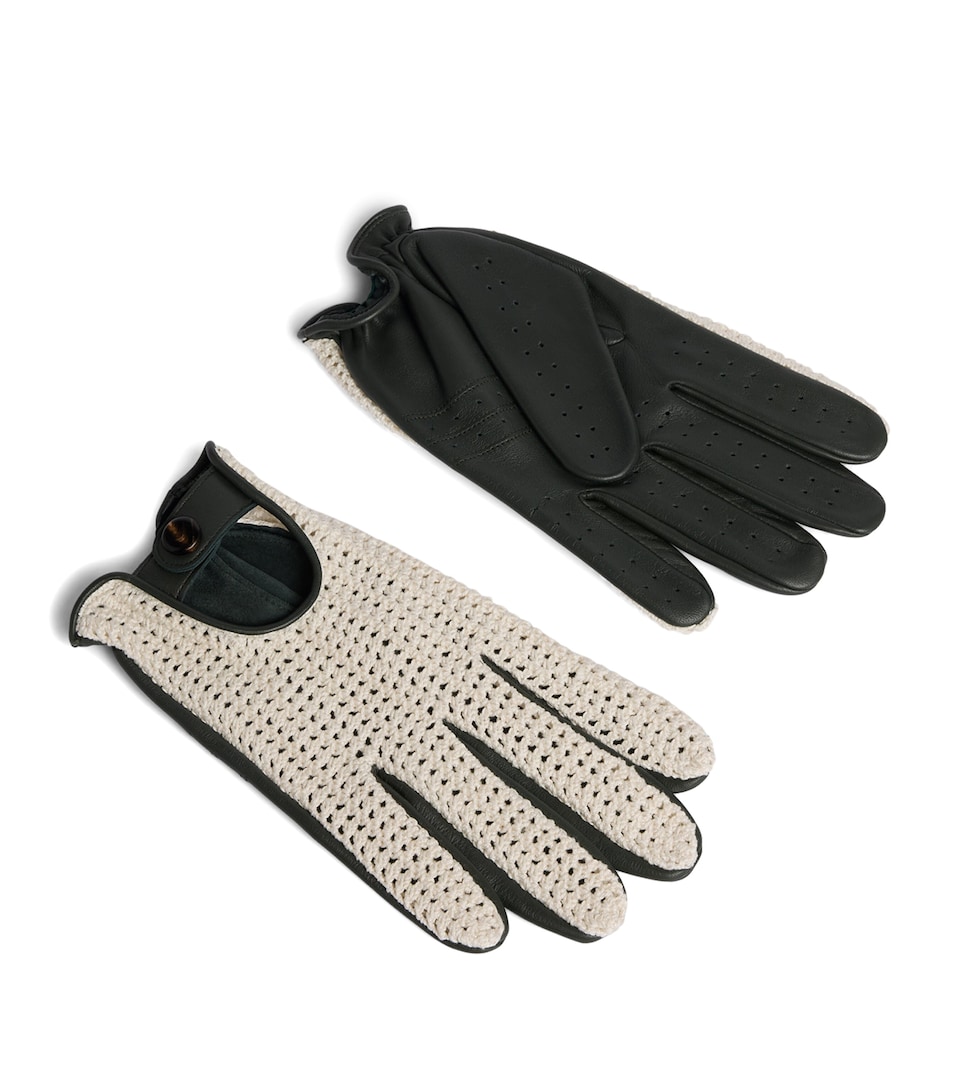 Dunhill Leather-Crochet Driving Gloves Green