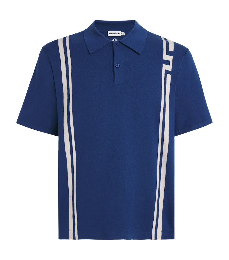 J Lindeberg Mens Rylan Stripe Knit Golf Polo Shirt Estate Blue