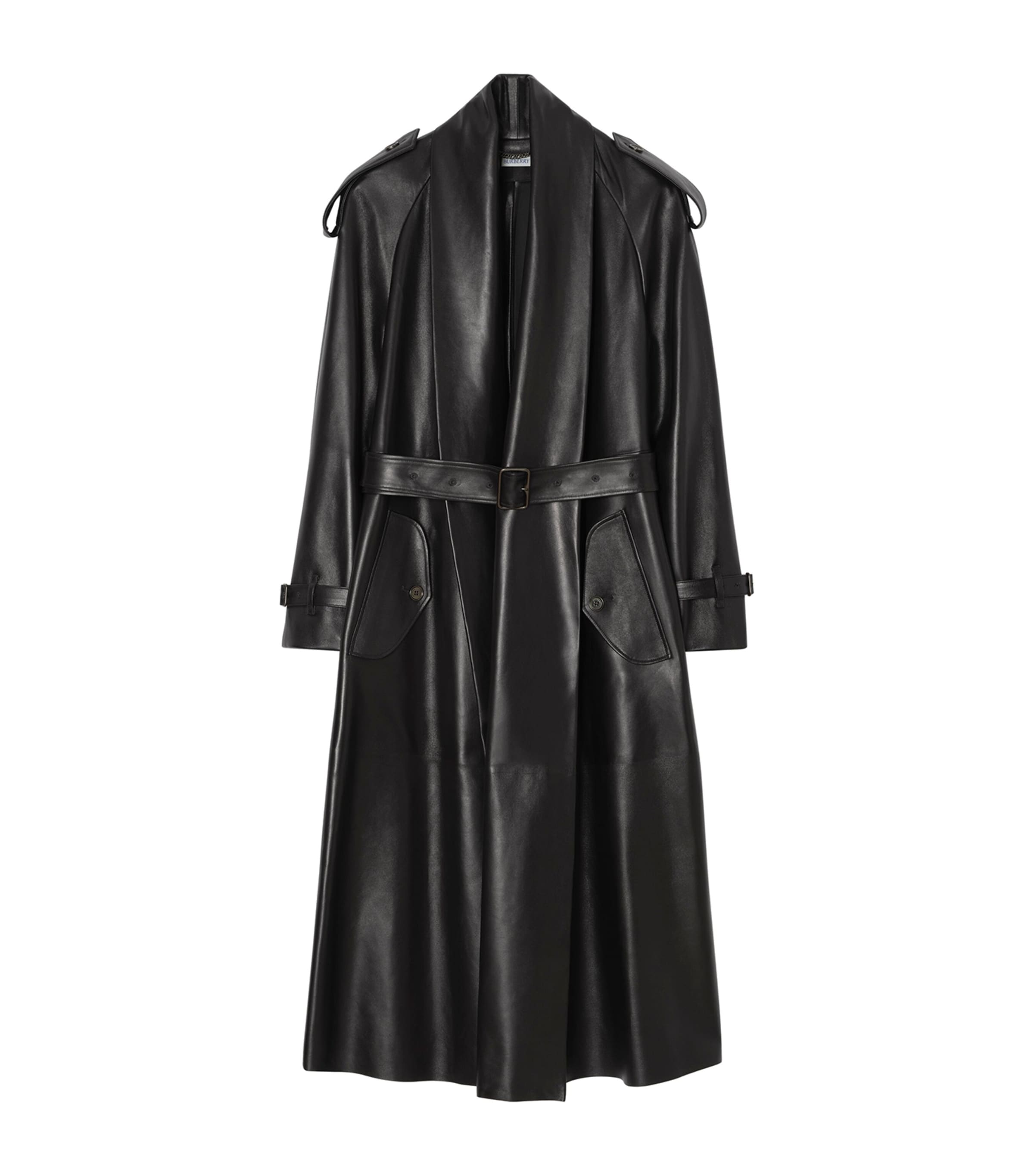 Burberry Womens Leather Wrap Trench Coat Black