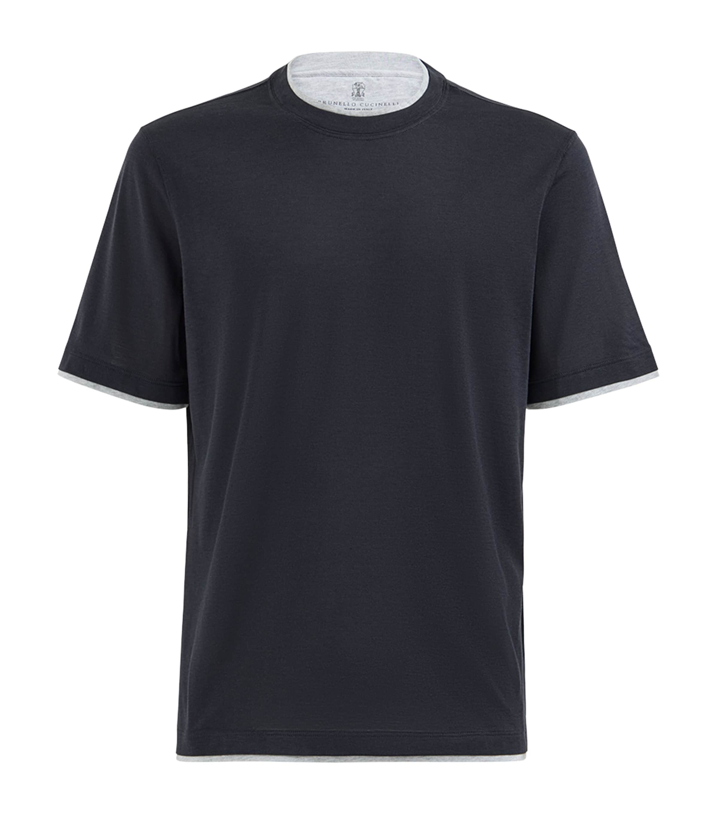 Brunello Cucinelli Mens Silk-Cotton Faux-Layered T-Shirt Blue