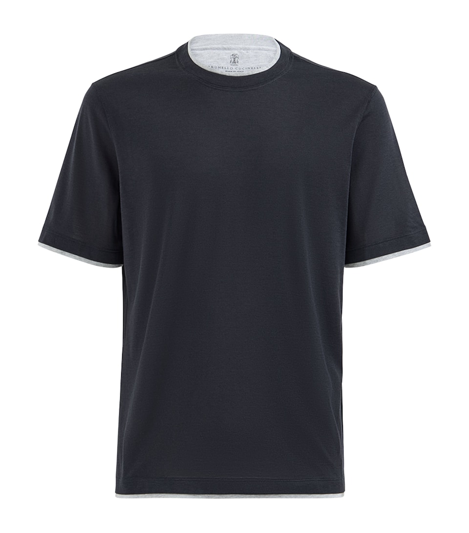 Brunello Cucinelli Mens Silk-Cotton Faux-Layered T-Shirt Blue