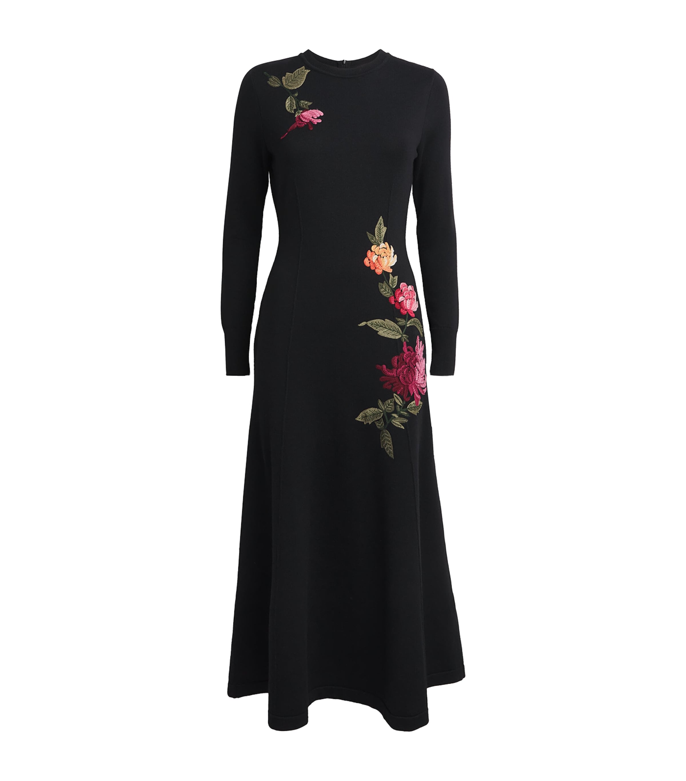Virgin Wool-Silk Floral Embroidered Midi Dress
