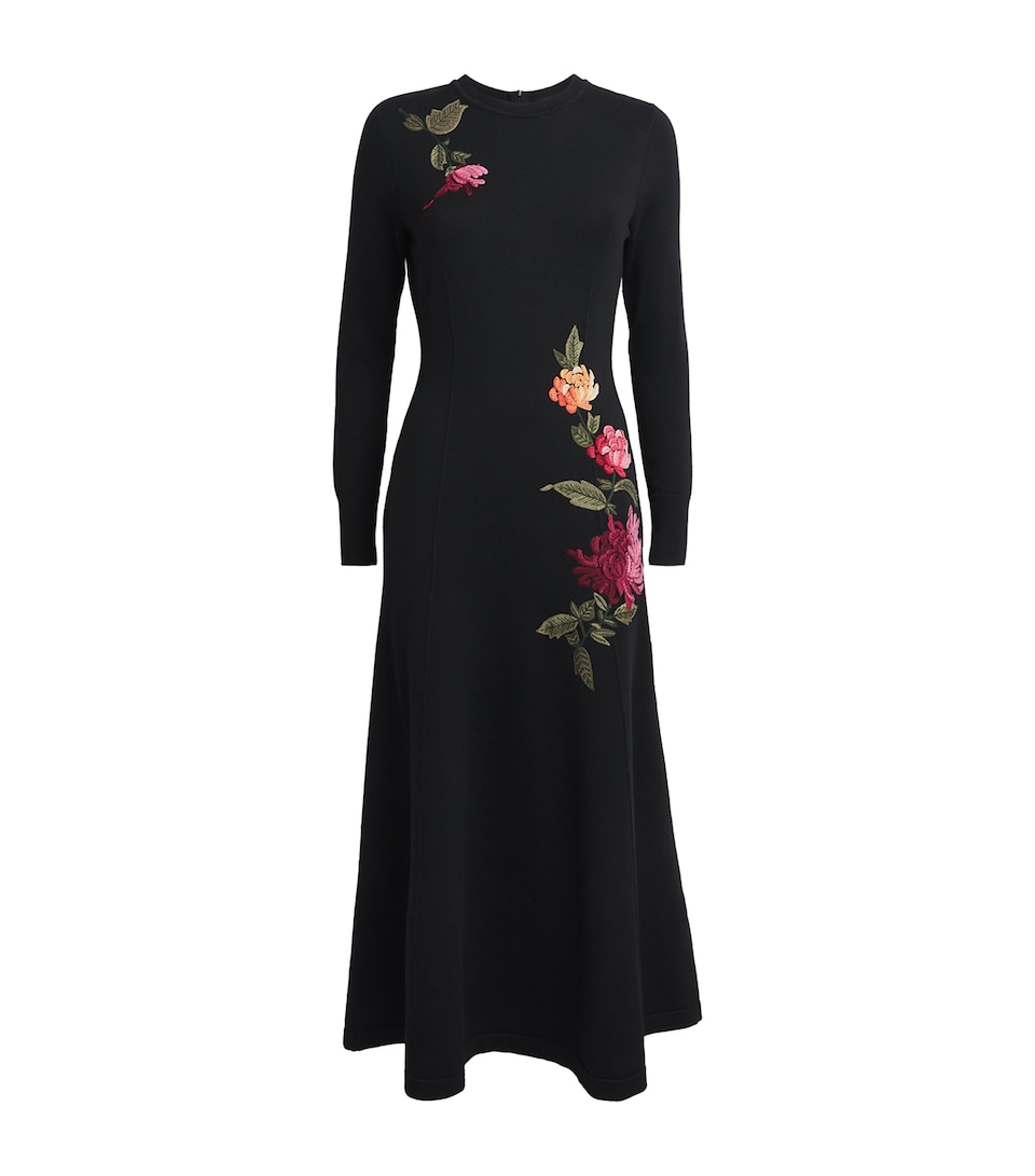 Virgin Wool-Silk Floral Embroidered Midi Dress