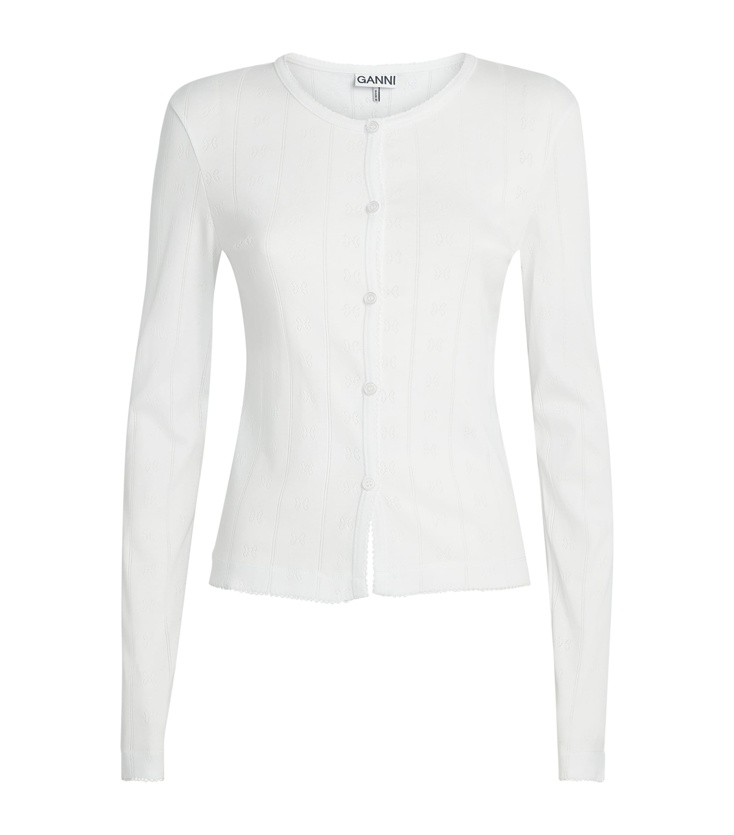 GANNI Womens Organic Cotton Pointelle Cardigan Bright White