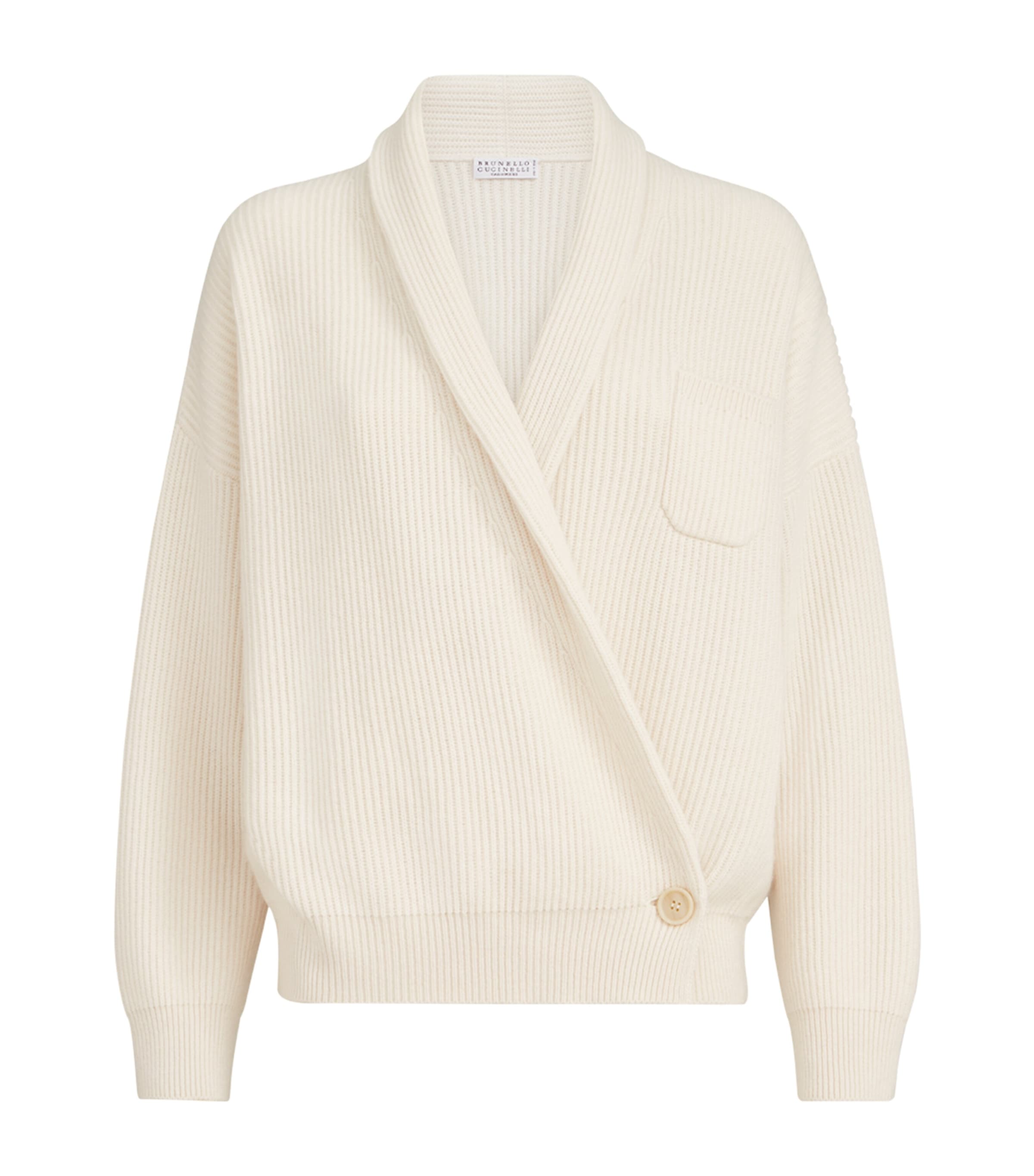 Brunello Cucinelli Womens Cashmere English Rib Asymmetric Cardigan English White
