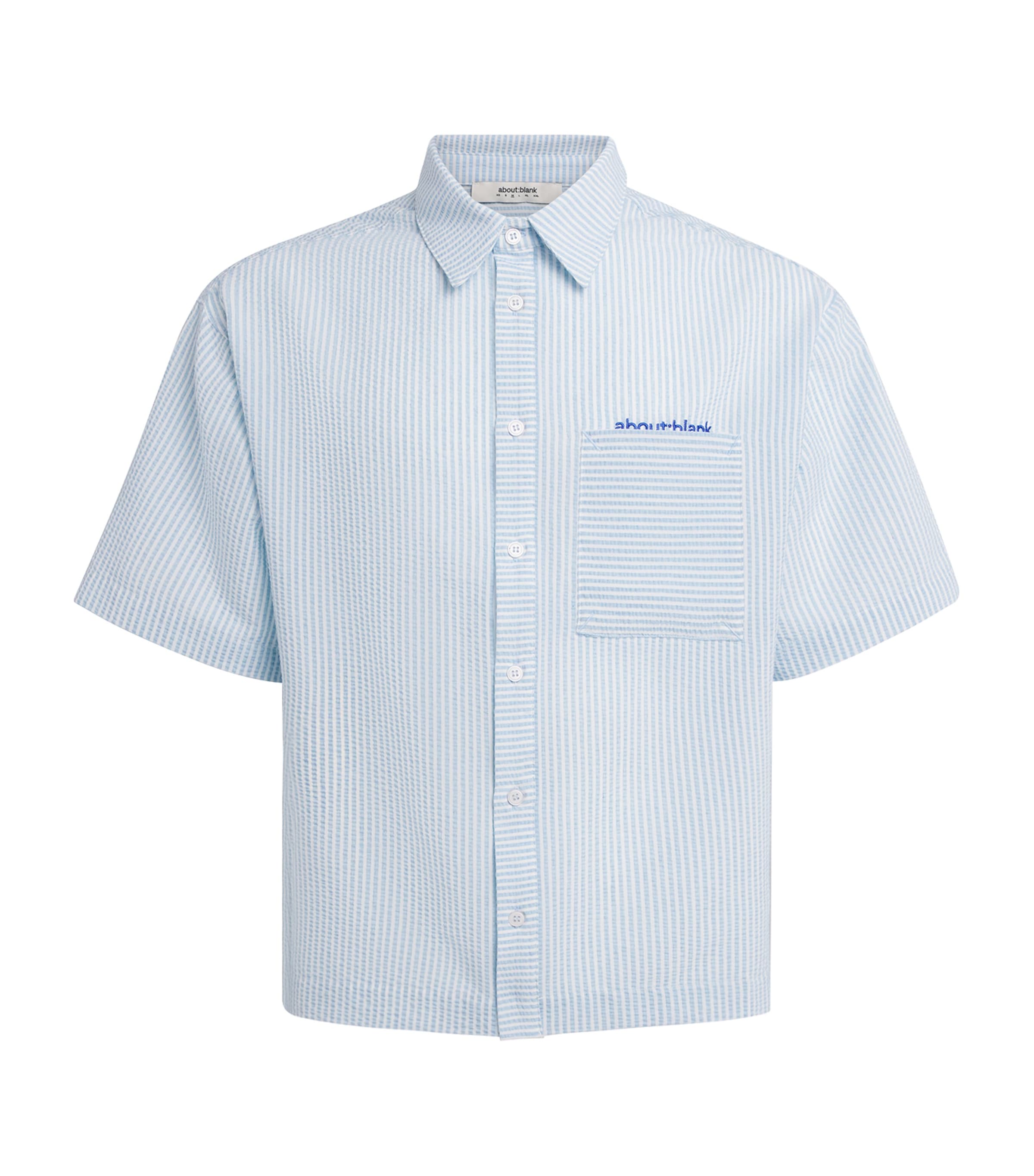 about:blank Mens Seersucker Embroidered Shirt Blue