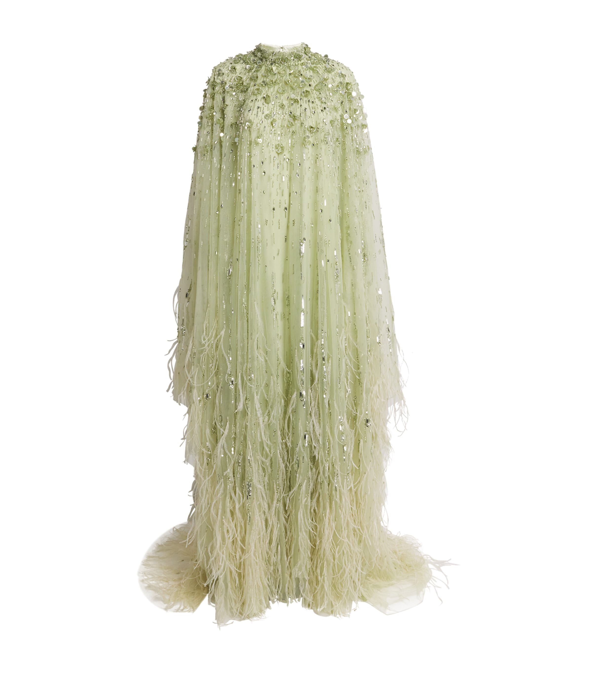 Pamella Roland Womens Tulle Embellished Feather-Trim Kaftan Gown Sage
