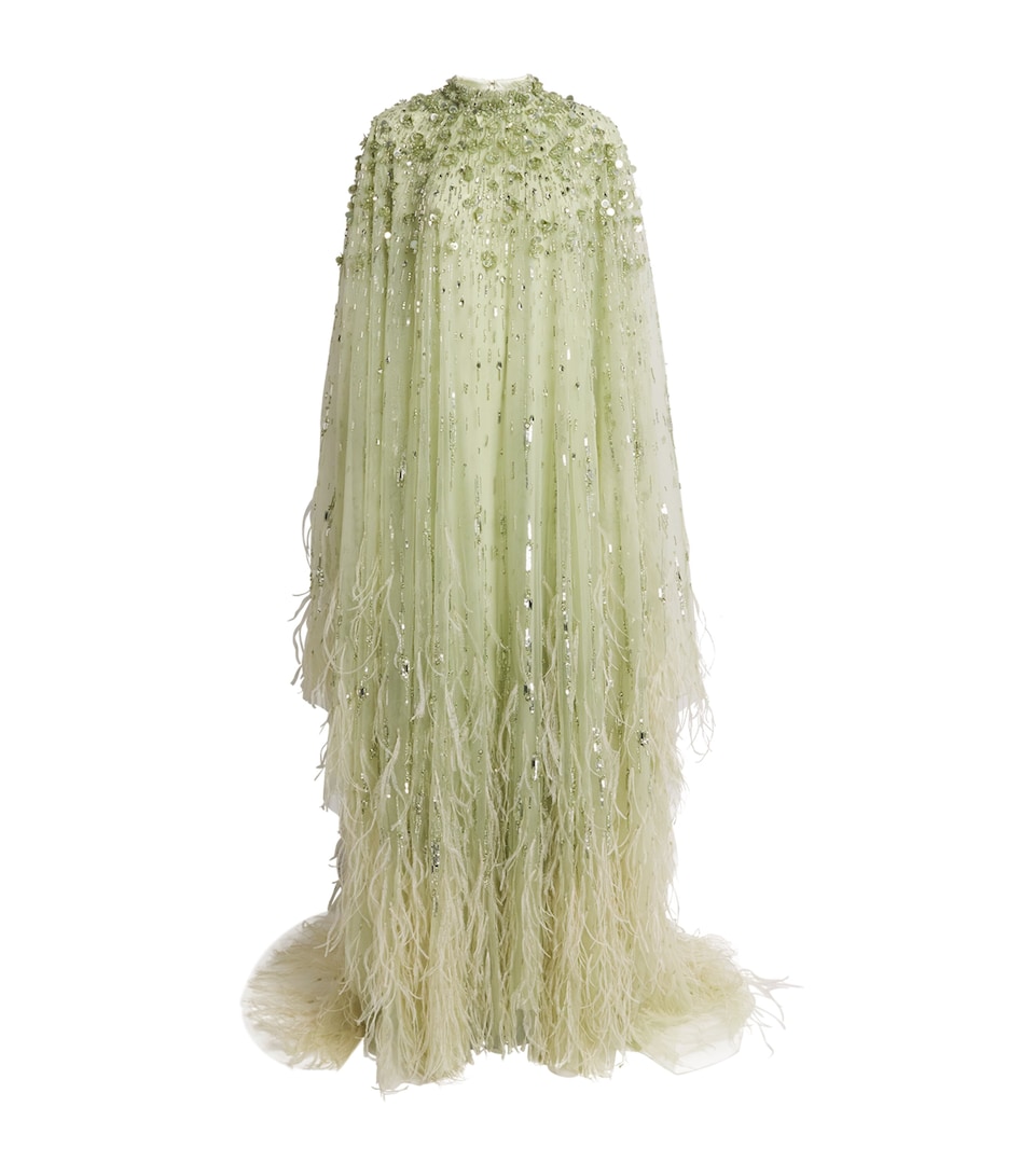 Pamella Roland Womens Tulle Embellished Feather-Trim Kaftan Gown Sage