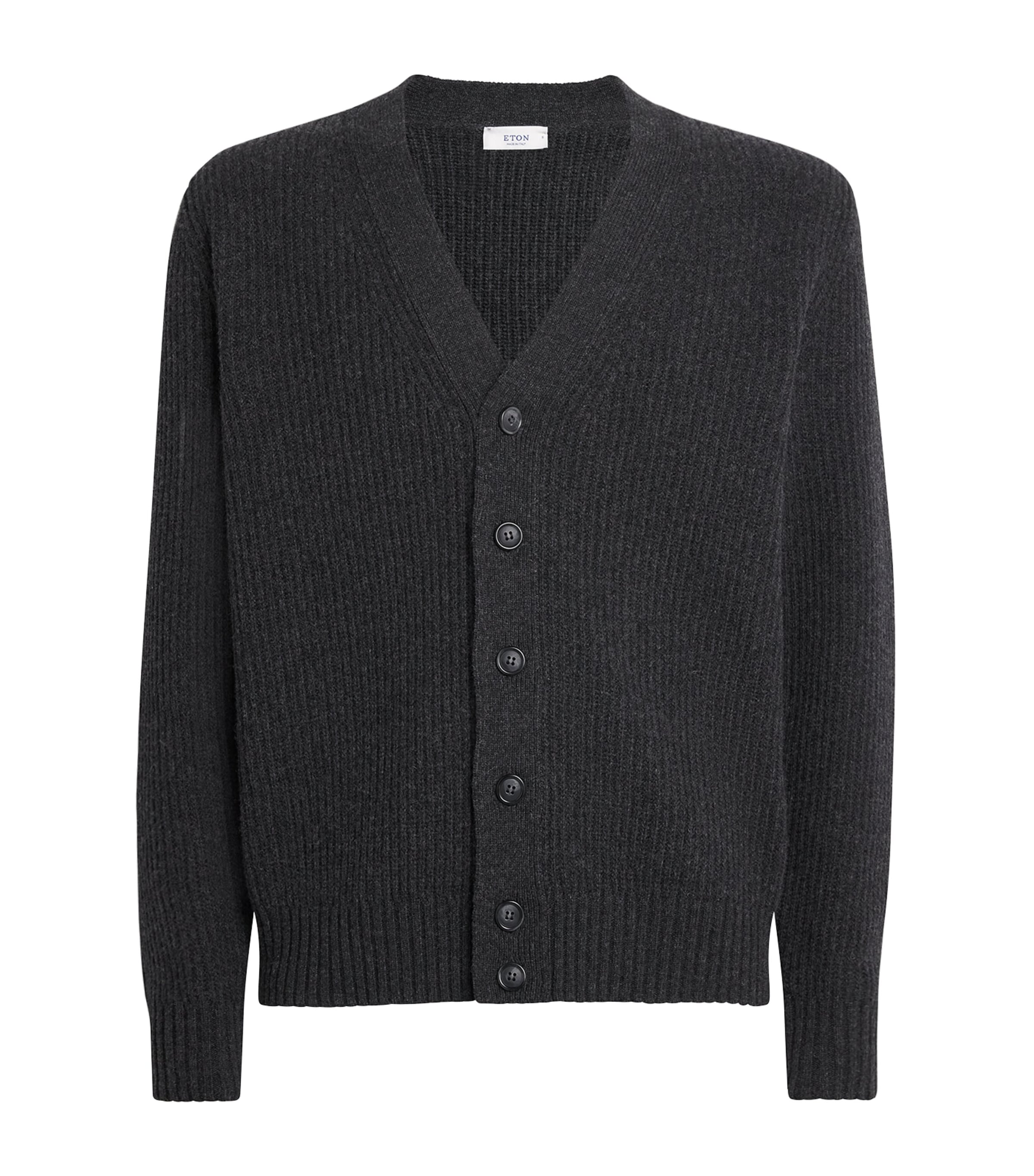 Eton Mens Wool Ribbed Cardigan Dark Grey