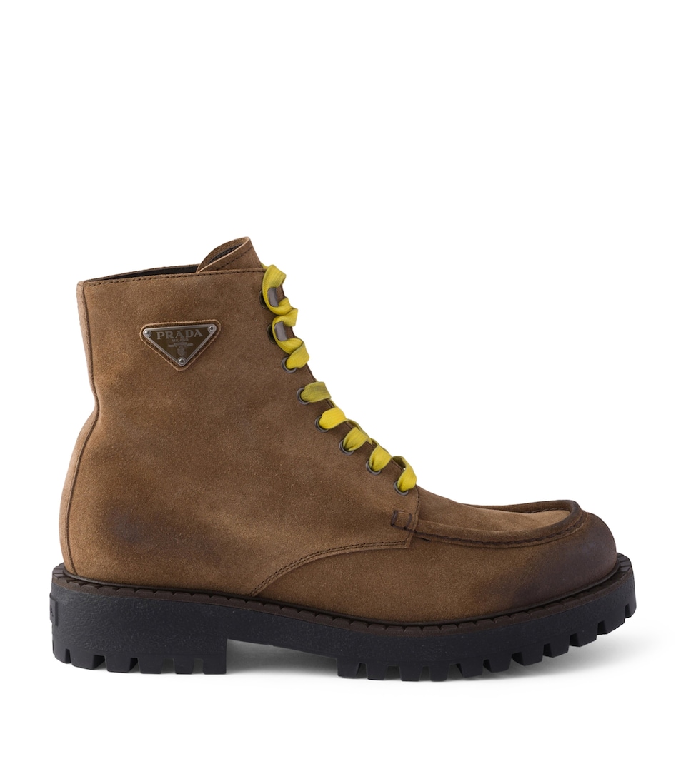 Prada Aged Suede Lace-Up Ankle Boots Brown