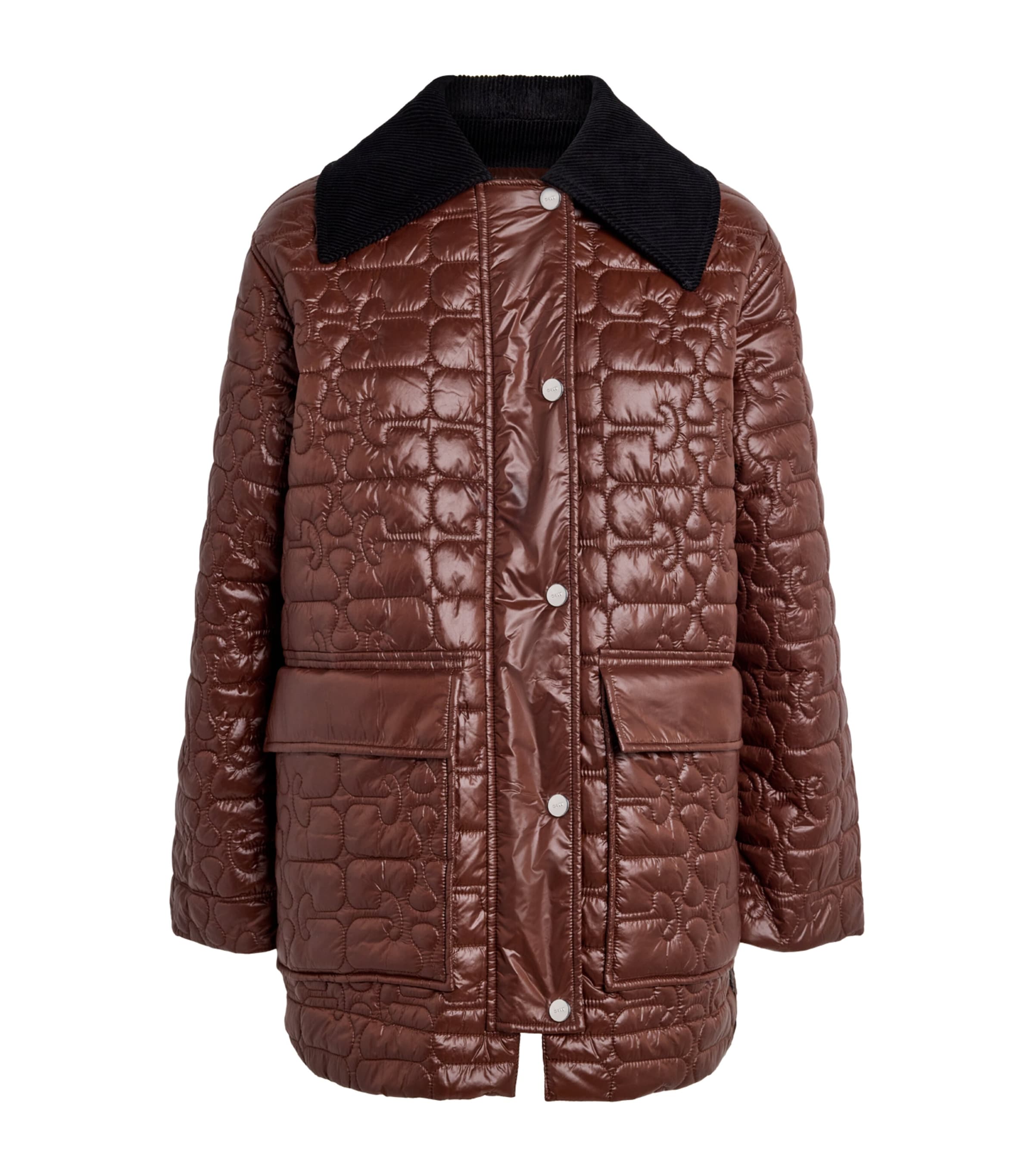 Corduroy-Collar Shiny Quilted Jacket