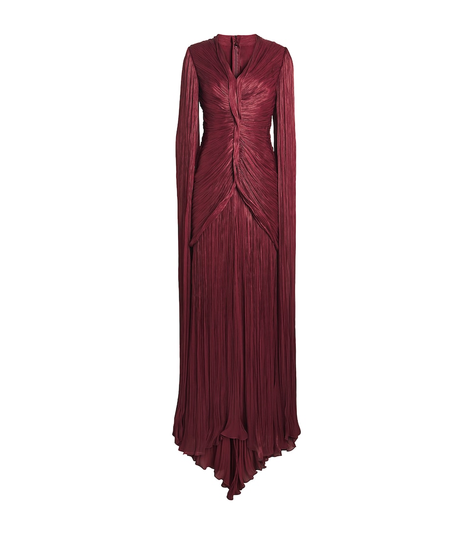 Marmar Halim Womens Satin Pleated Cape Gown Marroon Exclusive