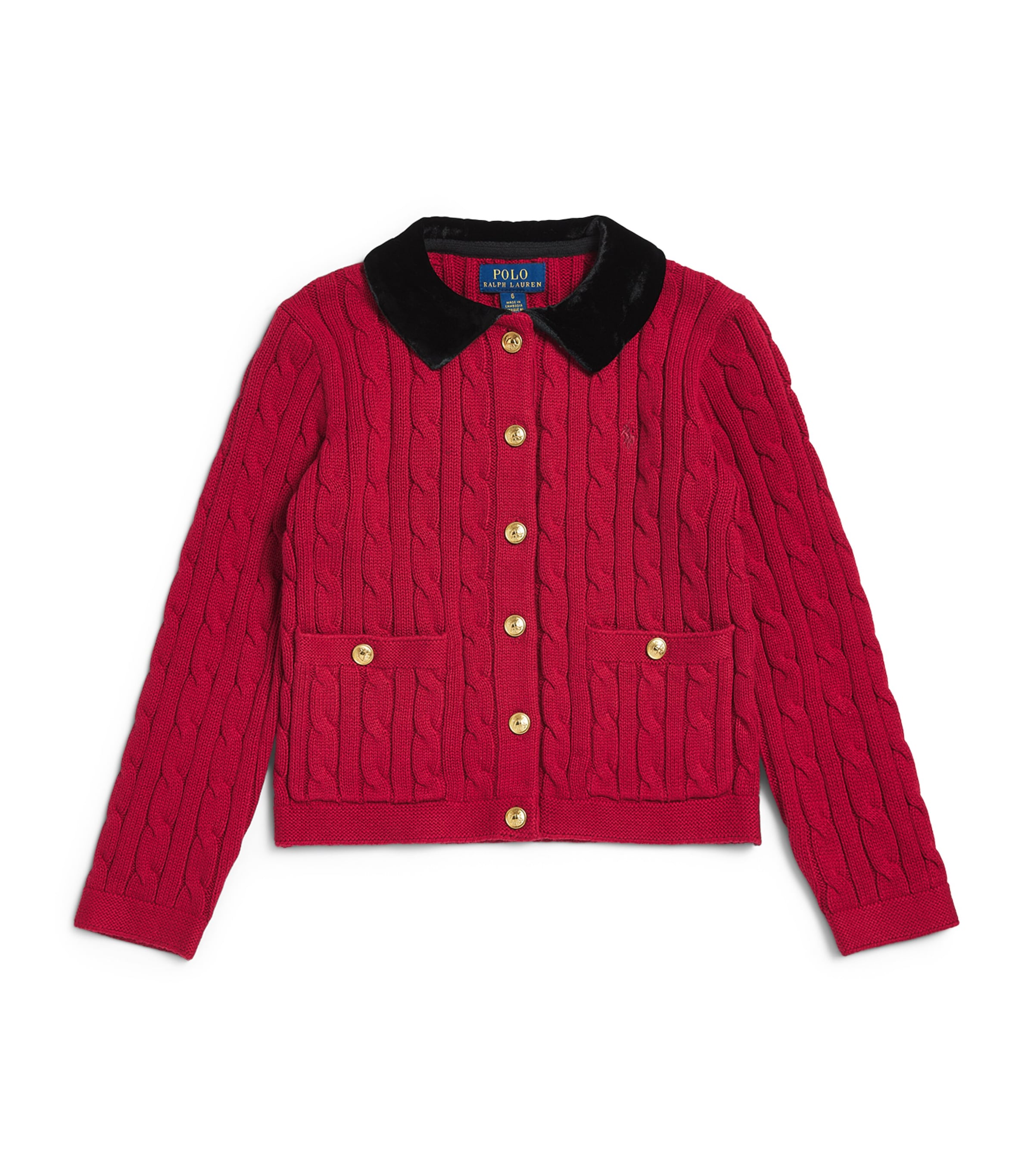 Ralph Lauren Kids Cotton Cable-Knit Velvet-Trim Cardigan (7-14 Years) Eaton Red