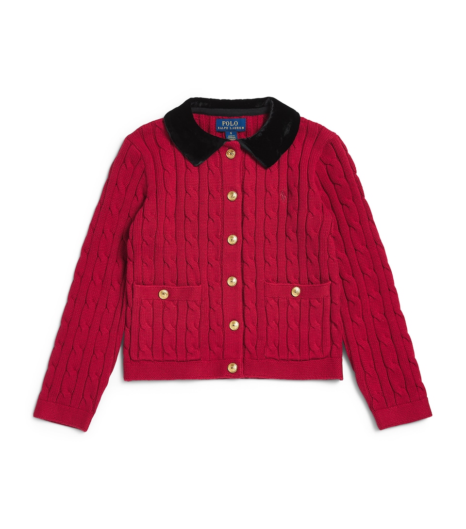 Ralph Lauren Kids Cotton Cable-Knit Velvet-Trim Cardigan (7-14 Years) Eaton Red