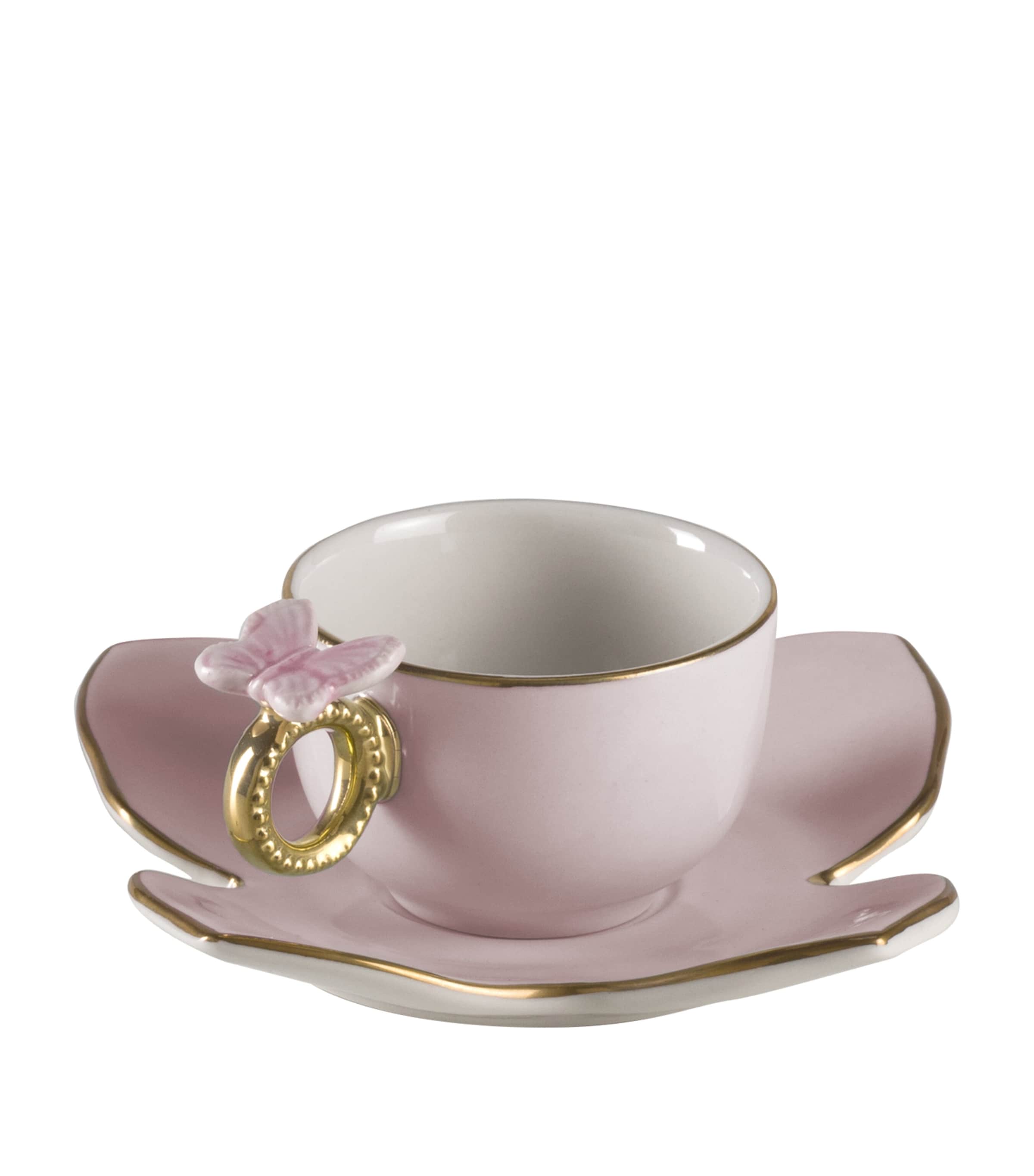 VILLARI Butterfly Coffee Cup Saucer Set Rose Aquamarine Gld