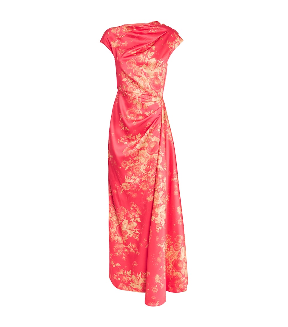 Duchess Satin Floral Print Draped Gown