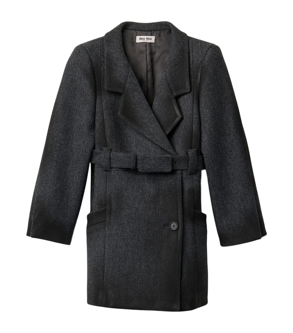 Miu Miu Womens Wool Single-Breasted Belted Coat Grey