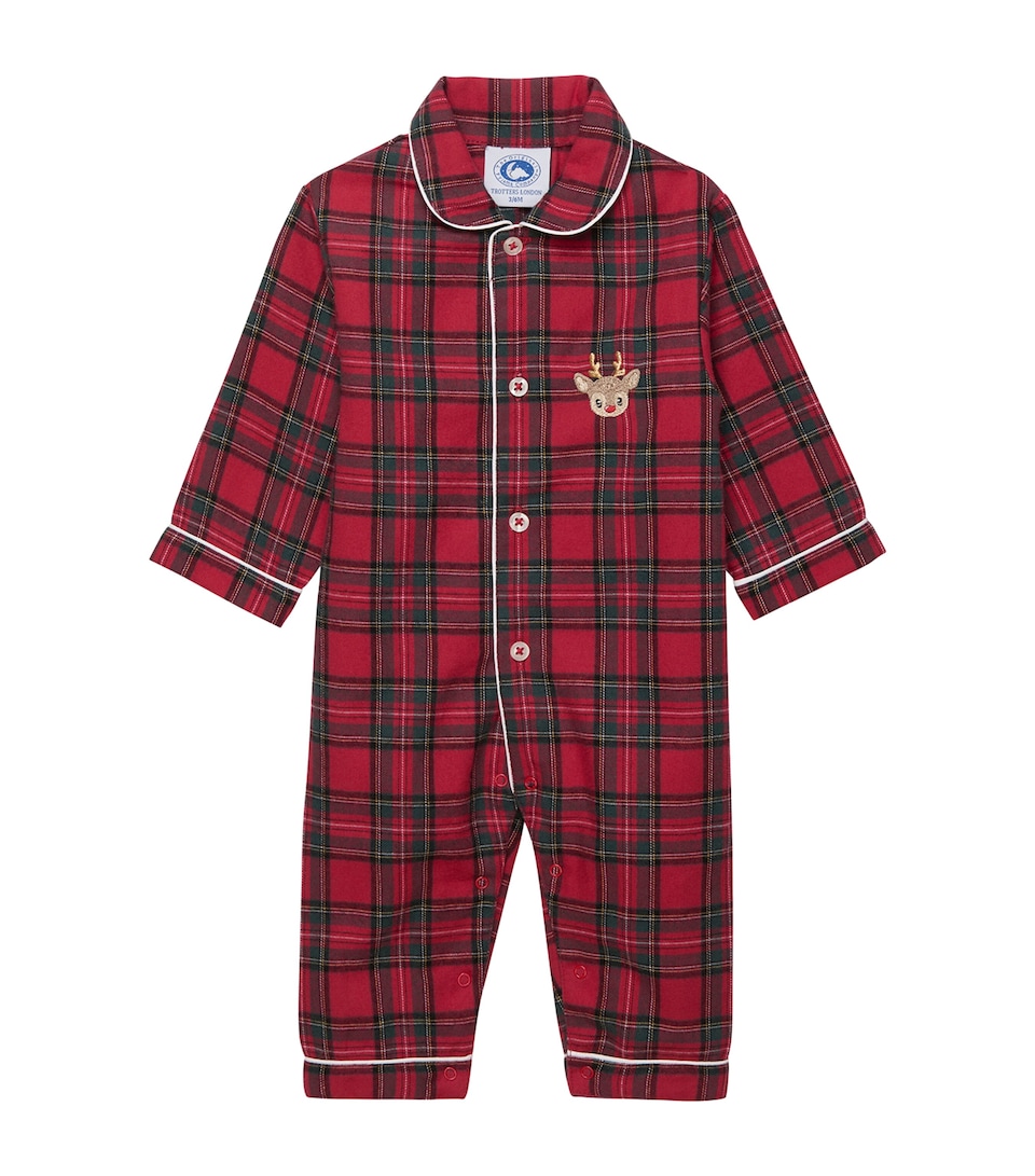 Trotters Cotton Tartan Reindeer Playsuit (3-9 Months) Red Tartan