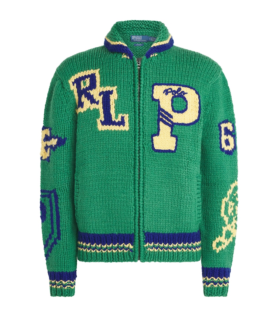 Polo Ralph Lauren Mens Wool Varsity Zip-Up Cardigan Green Combo