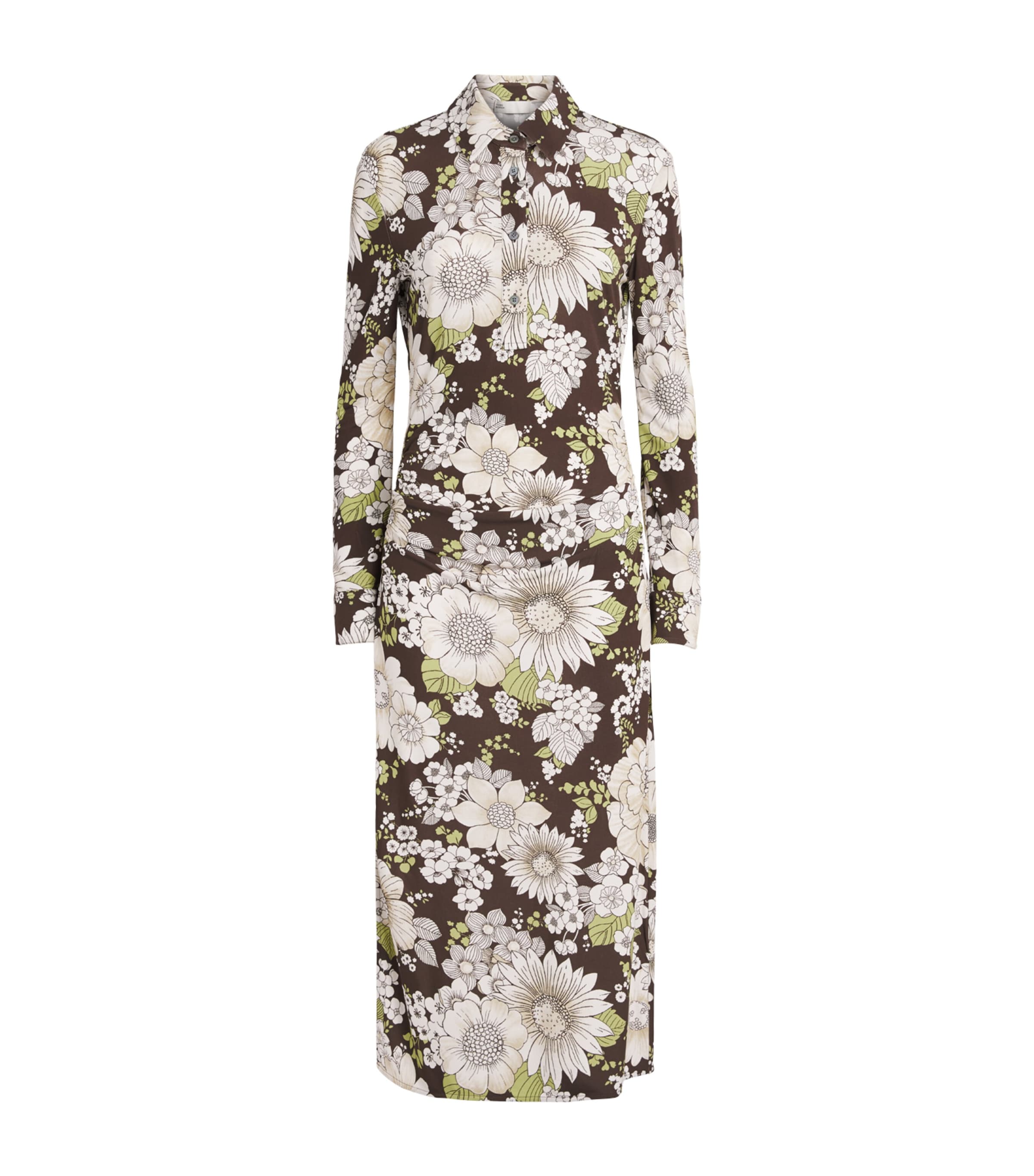 Tory Burch Womens Floral Midi Shirt Dress Brown Floral