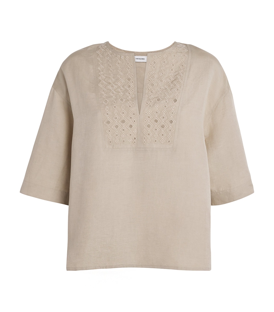 Yves Salomon Womens Silk-Linen Embroidered Top