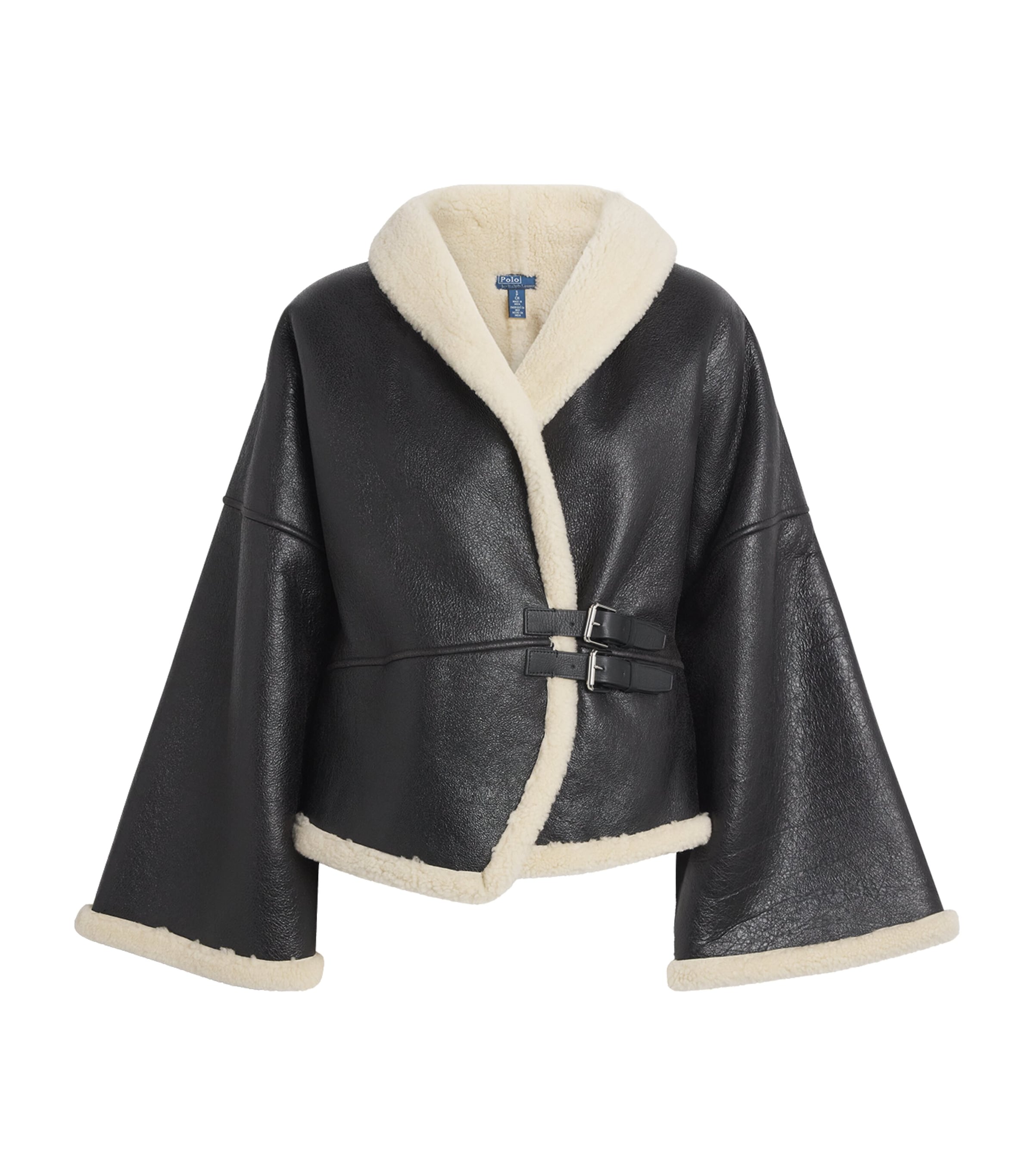 Polo Ralph Lauren Womens Shearling Buckled Wrap Jacket Black/cream