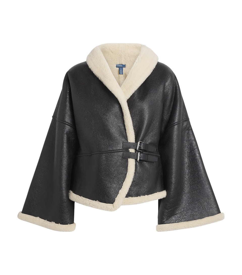 Polo Ralph Lauren Womens Shearling Buckled Wrap Jacket Black/cream