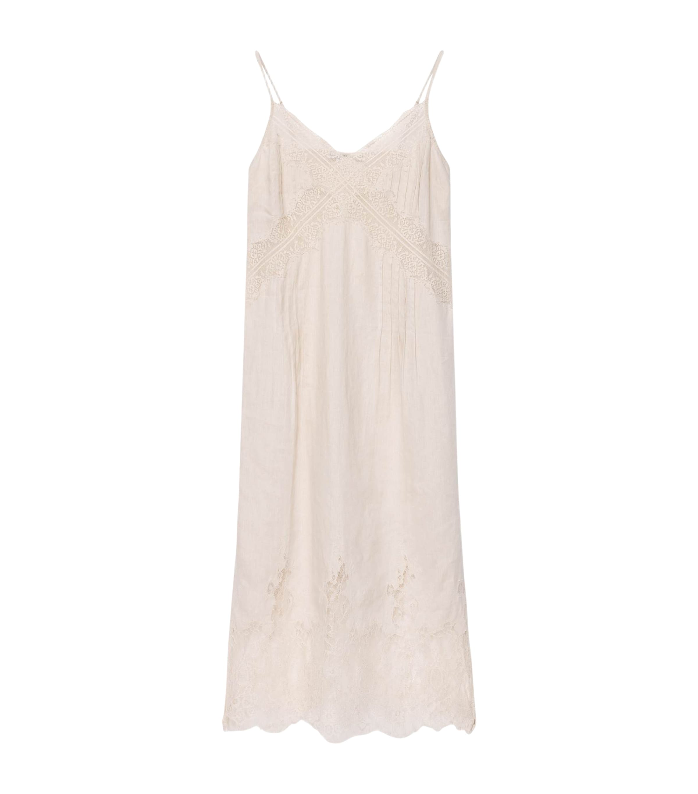 AllSaints Womens Linen and Lace Samia Midi Dress Champagne White