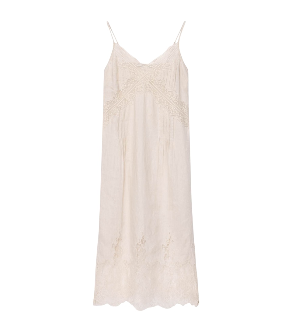 AllSaints Womens Linen and Lace Samia Midi Dress Champagne White