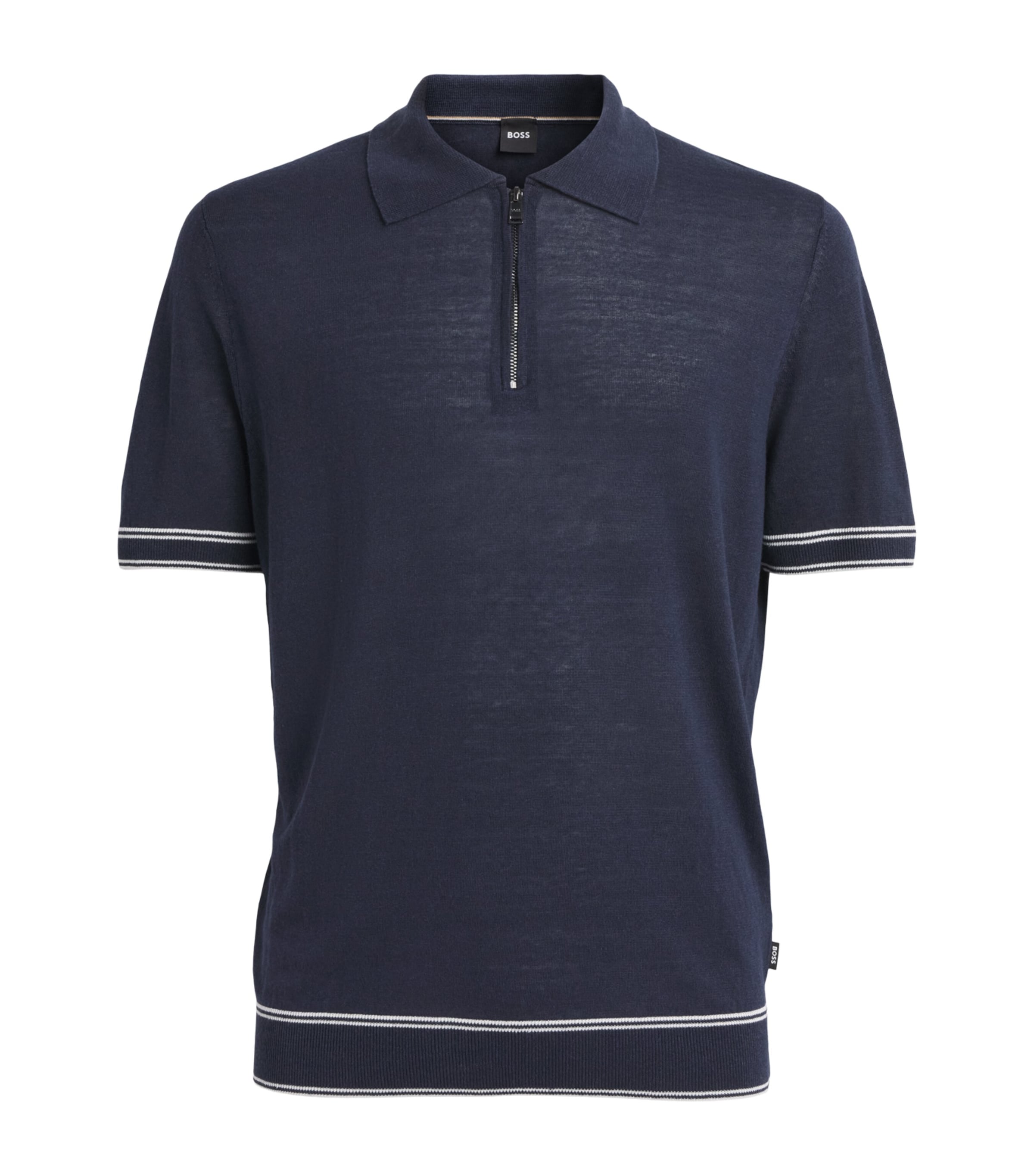 BOSS Mens Linen-Blend Zip-Up Polo Shirt Dark Blue