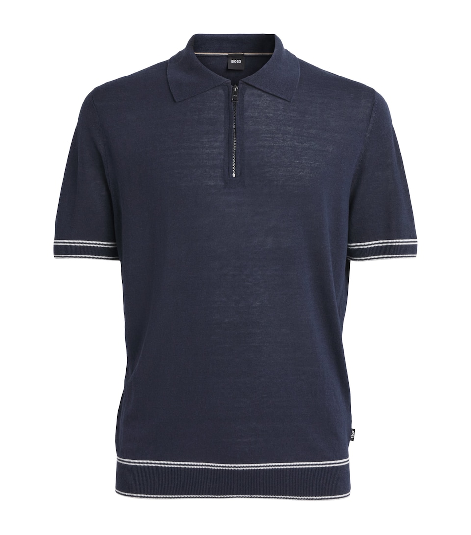 BOSS Mens Linen-Blend Zip-Up Polo Shirt Dark Blue