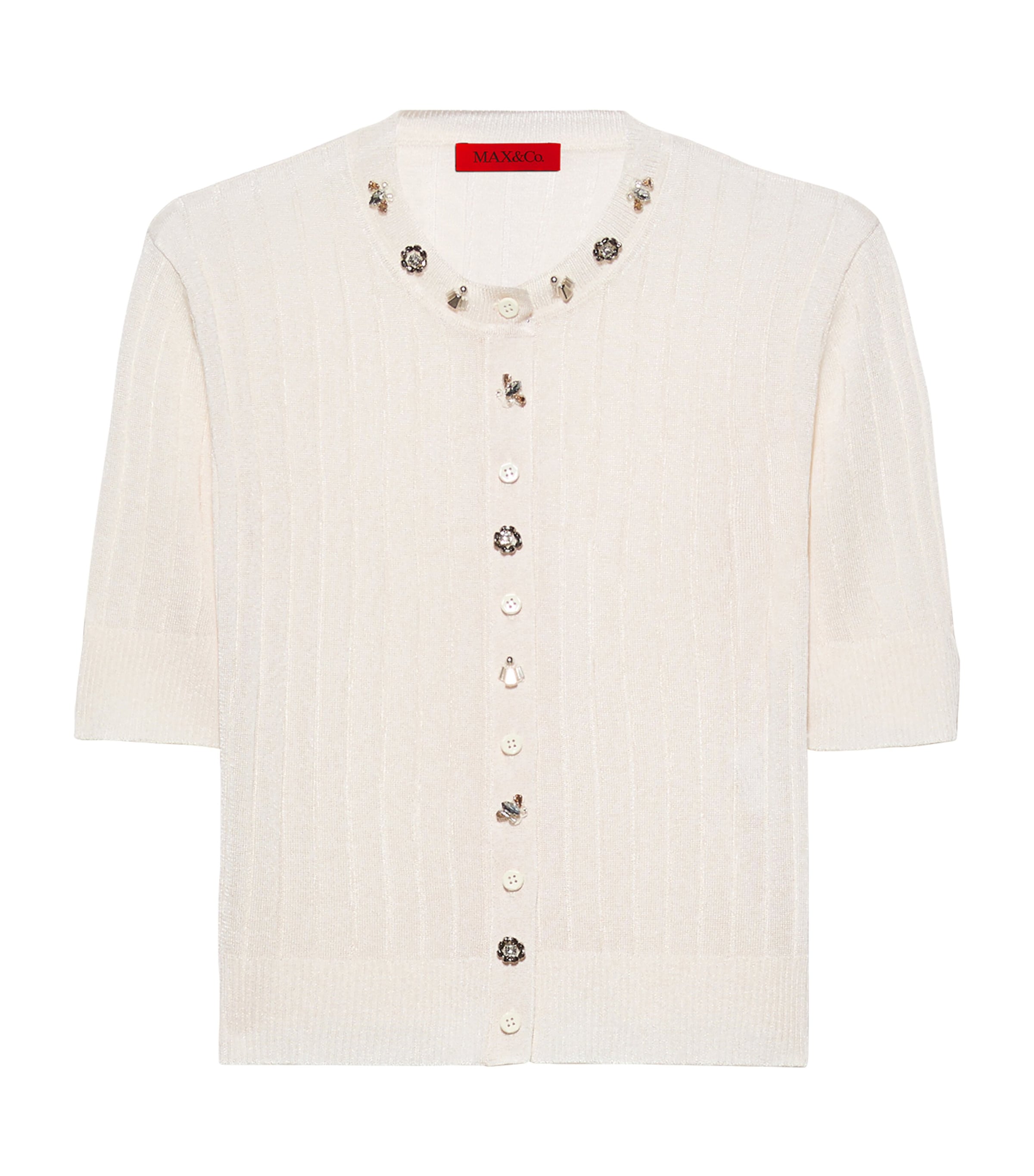 MAX&Co. Womens Ribbed Short-Sleeve Cardigan Milk