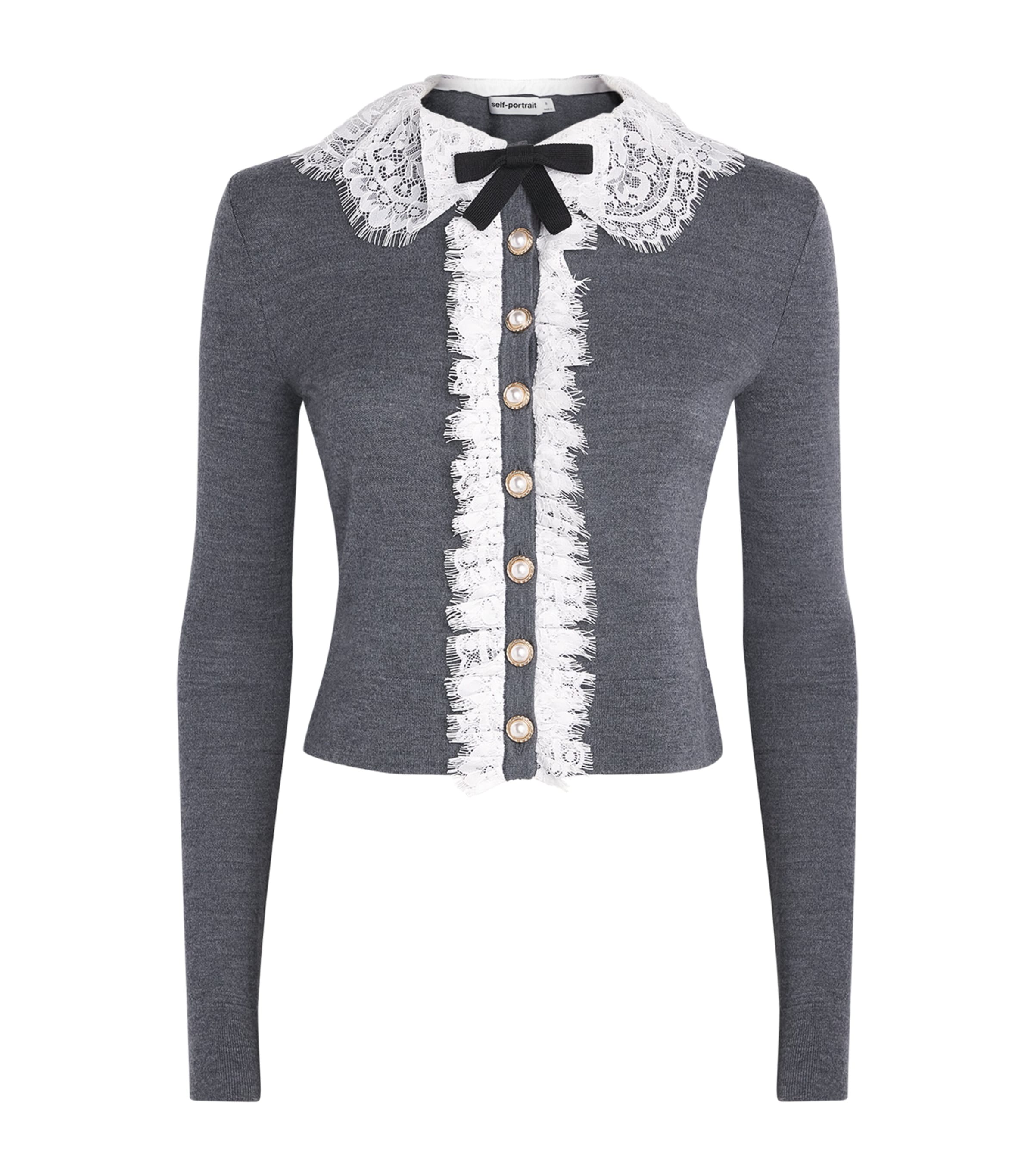 Self-Portrait Womens Wool Lace-Collar Cardigan Grey